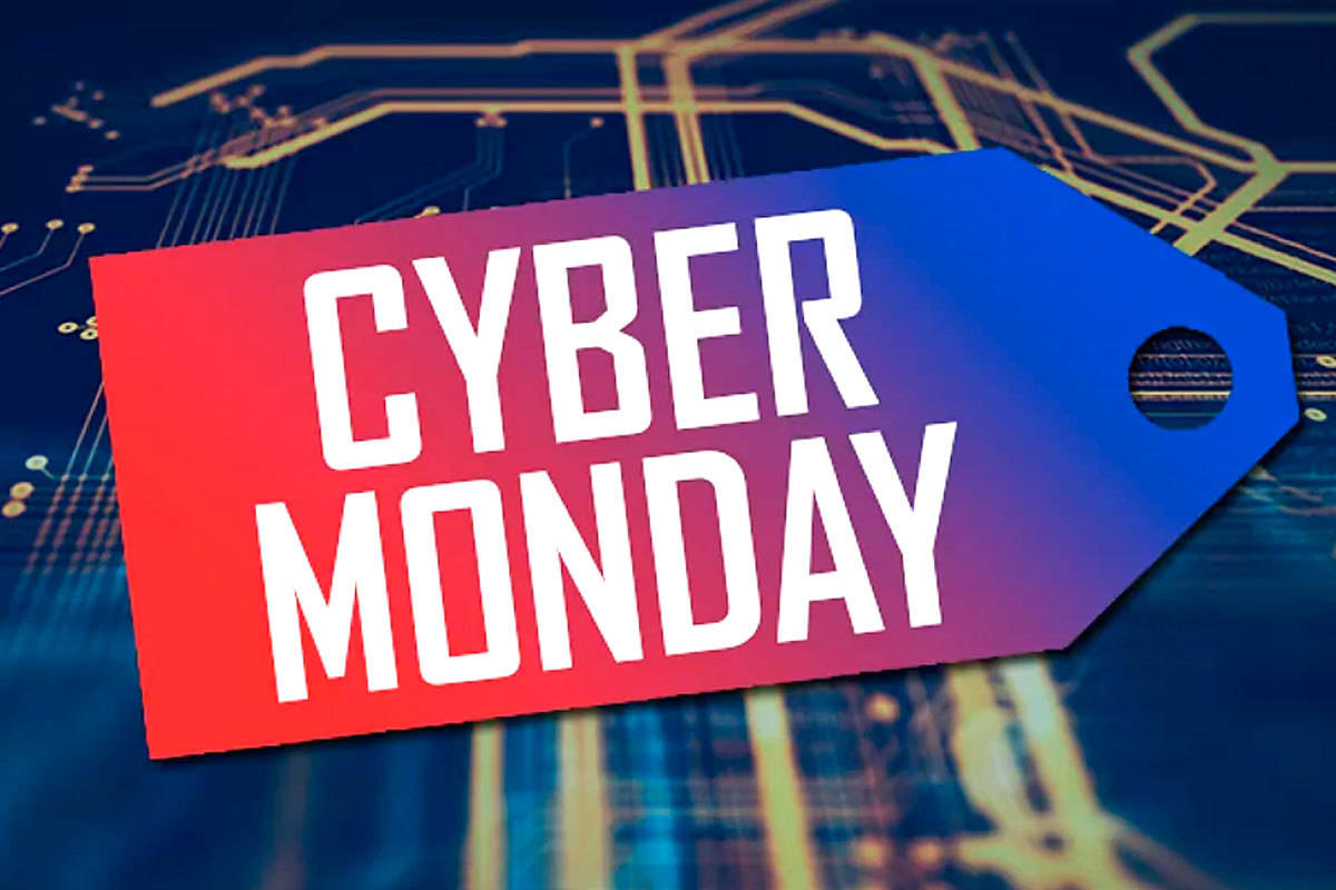 Sales 桌布 壁紙 — 一個大膽的紅藍色 Cyber Monday 標籤漂浮在發光的電路板背景上。