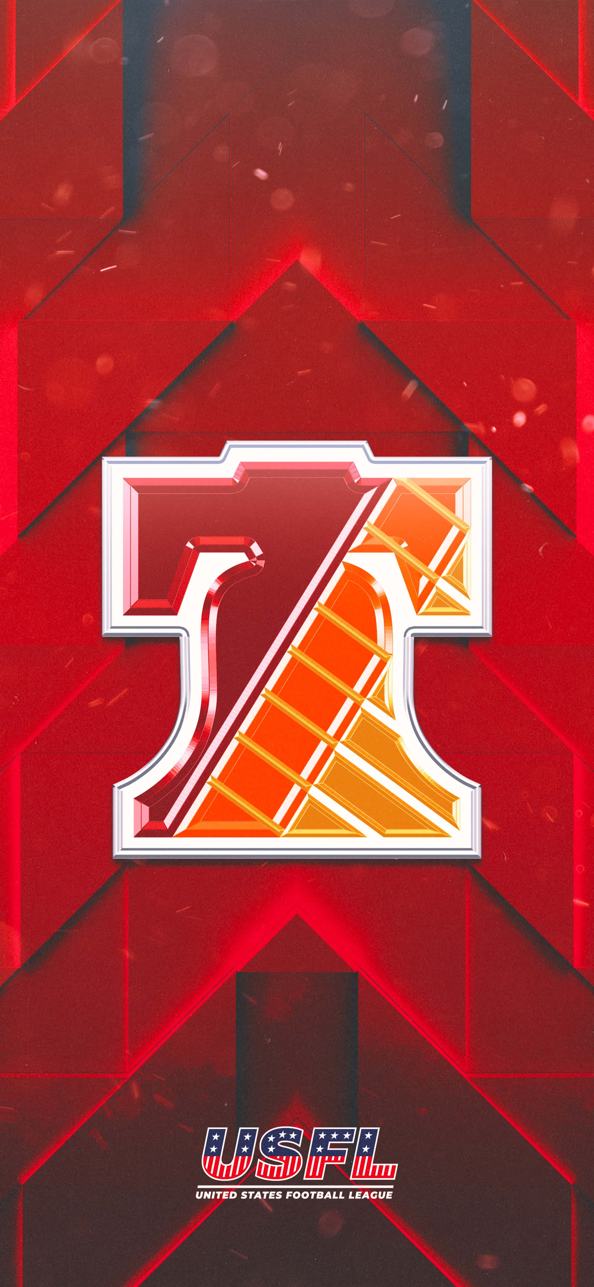 Usfl 桌布 壁紙 — 一個大膽的紅金色風格化「Z」標誌，帶有幾何圖案和發光高光，襯托動態紅色背景。