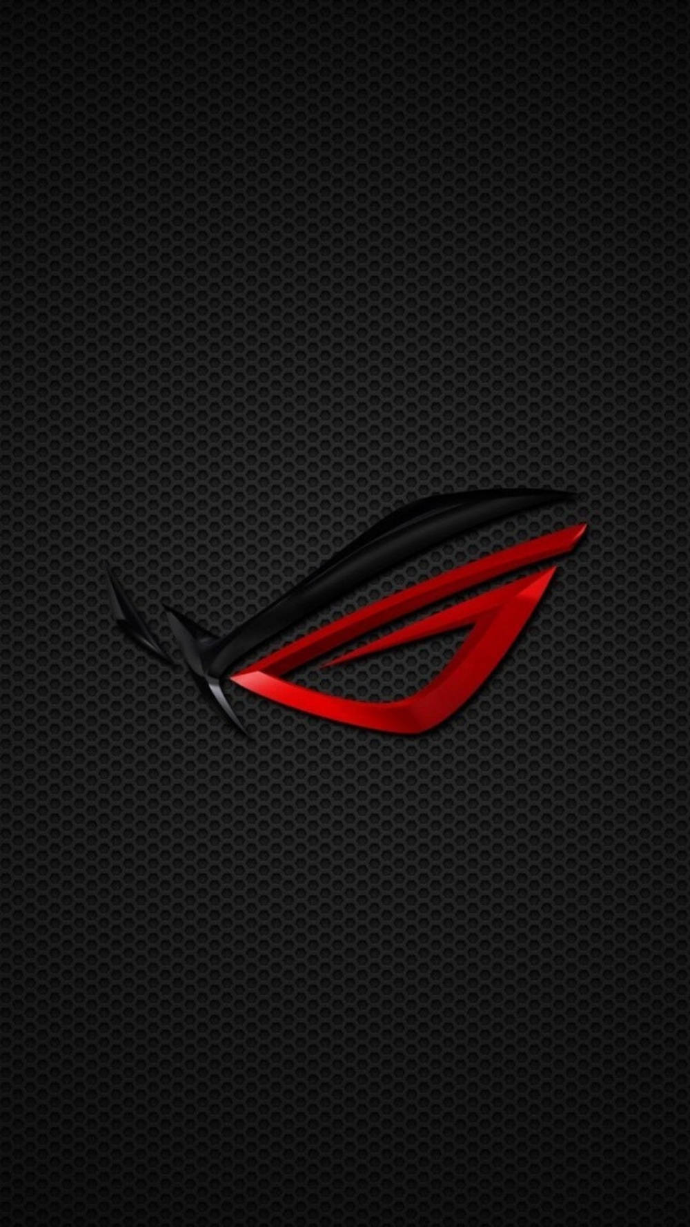 ASUS ROG 桌布 壁紙 — 一個大膽的紅黑ROG眼睛標誌在帶紋理的深色碳纖維背景上閃耀。