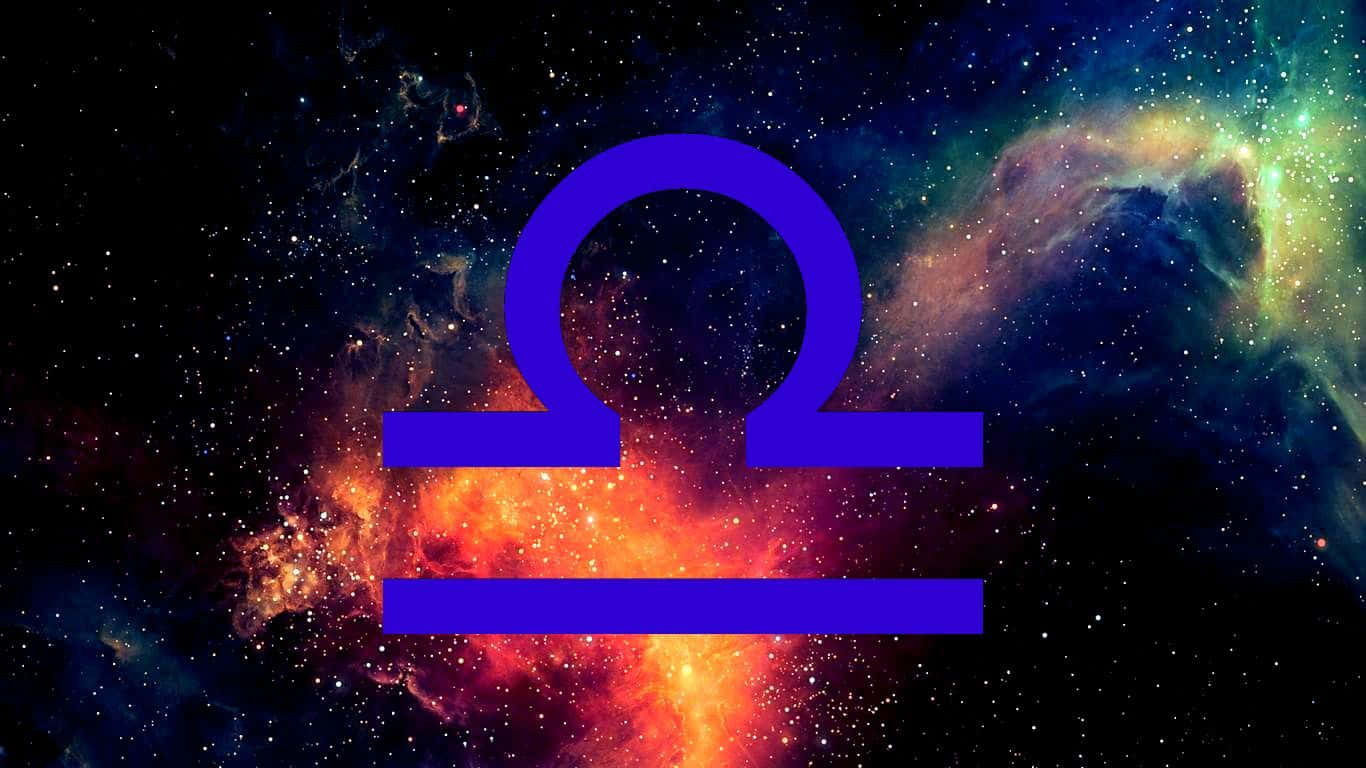 libra 桌布 壁紙 — 一個大膽的紫色天秤座星座符號漂浮在充滿活力的宇宙星雲上，帶有旋轉的紅色、藍色和綠色。
