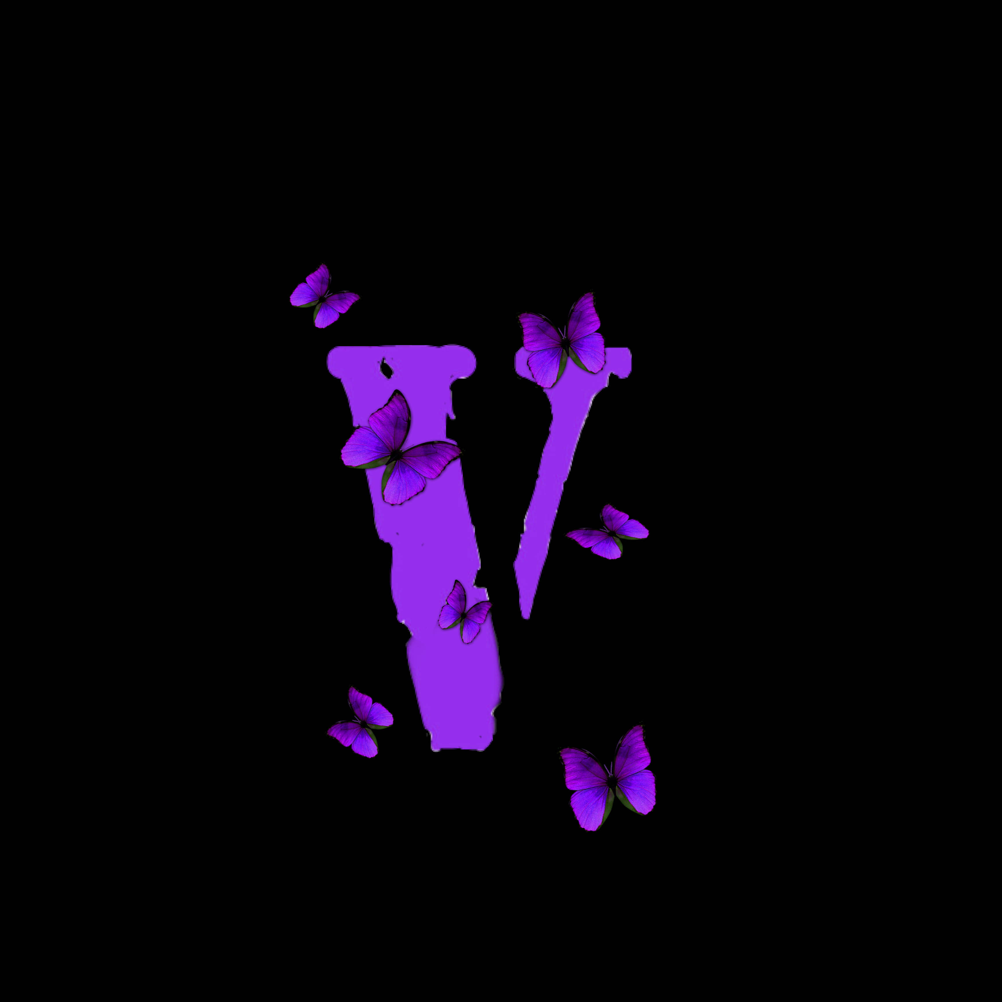 Logo 桌布 壁紙 — 一個大膽的紫色字母 V，蝴蝶在黑色背景上飛舞。