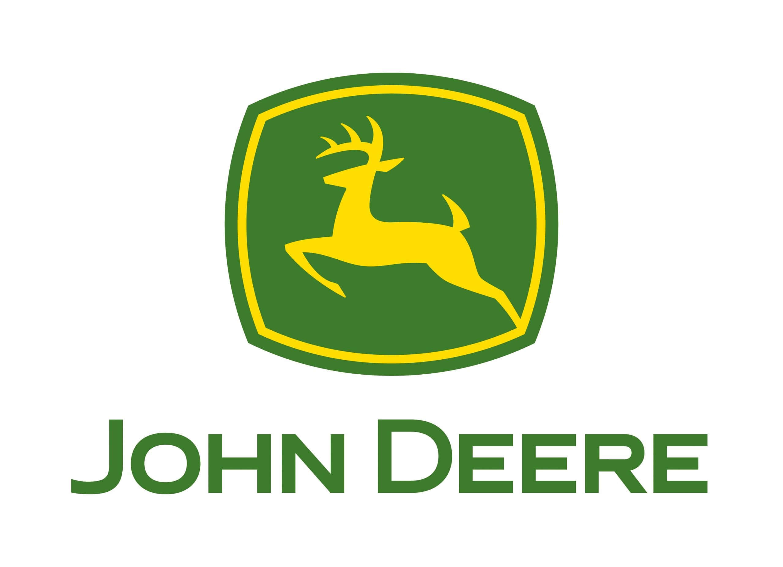John Deere 桌布 壁紙 — 一個大膽的綠色和黃色John Deere標誌，帶有跳躍的鹿徽章，背景為潔淨的白色。