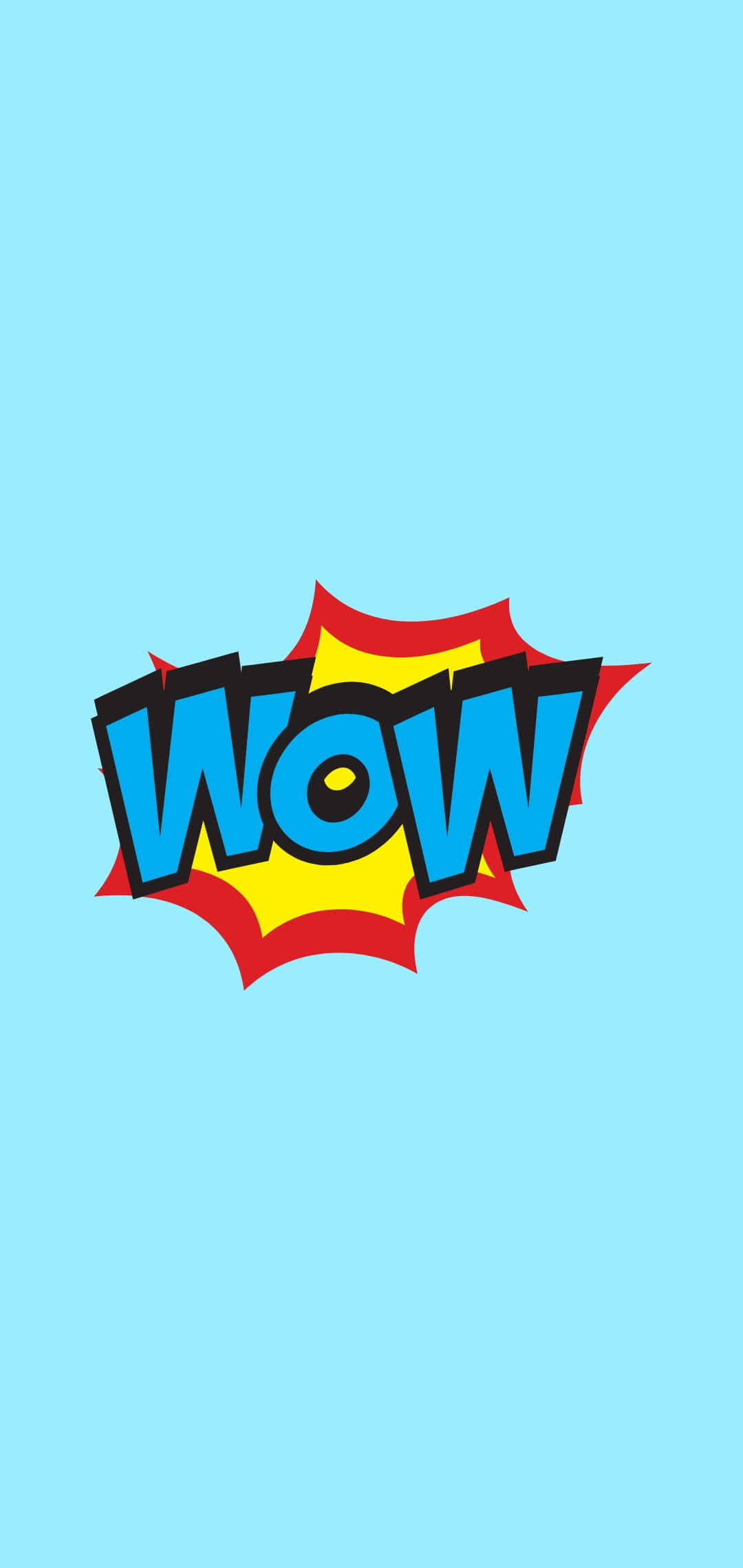 Wow 桌布 壁紙 — 一個大膽的藍色「WOW」以漫畫風格從紅色和黃色的星爆中迸發出來，背景為淺藍色。