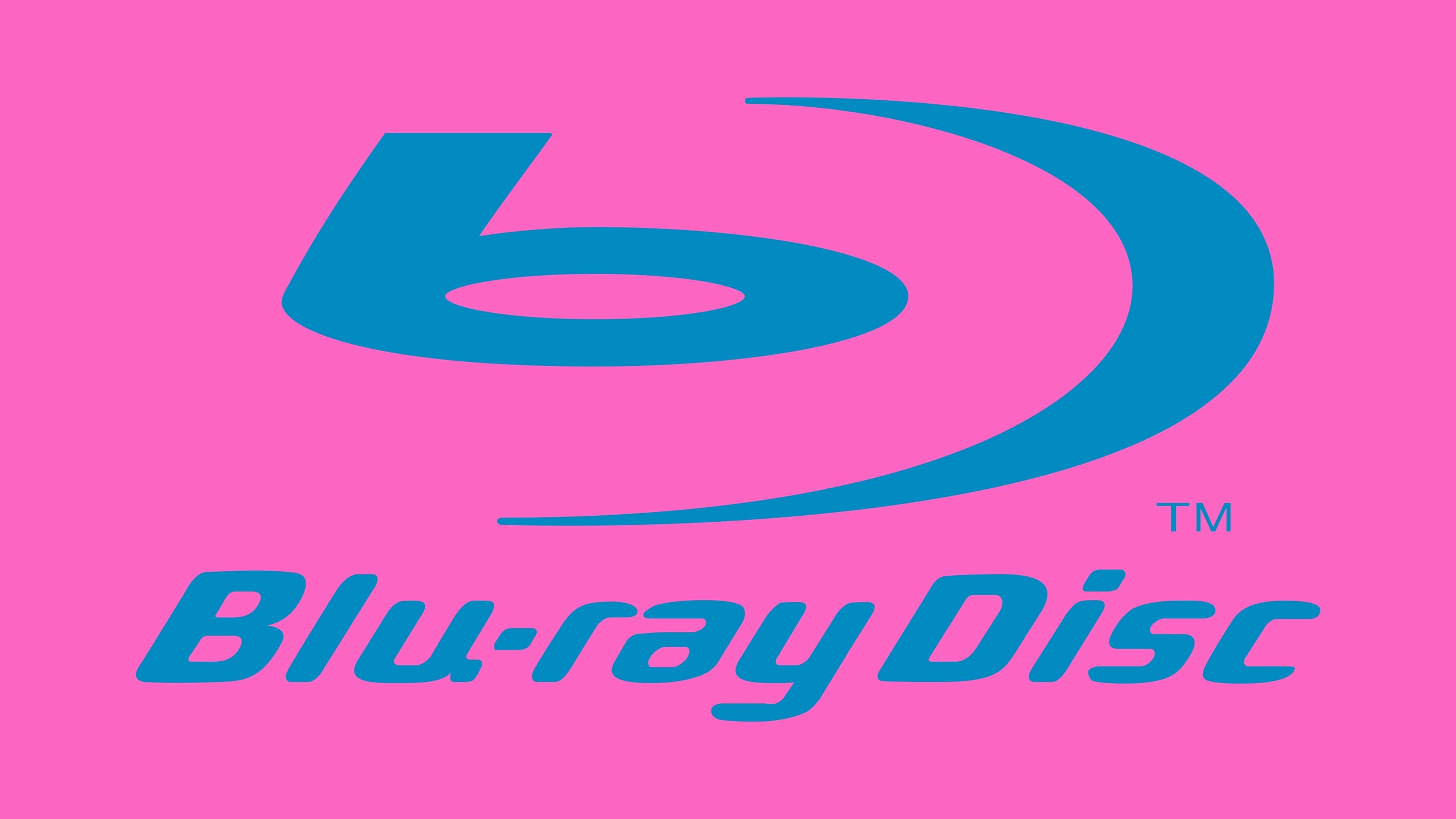 4K Blu-ray 桌布 壁紙 — 一個大膽的藍色Blu-ray Disc標誌，居中於充滿活力的粉紅色背景上，搭配簡潔的字體。