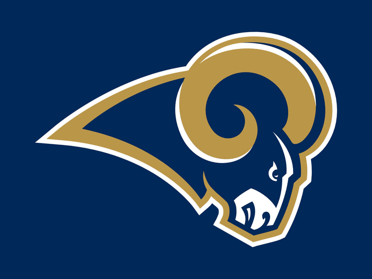 Rams 桌布 壁紙 — 一個大膽的藍色和金色公羊頭標誌，在純海軍藍背景上帶有白色輪廓。