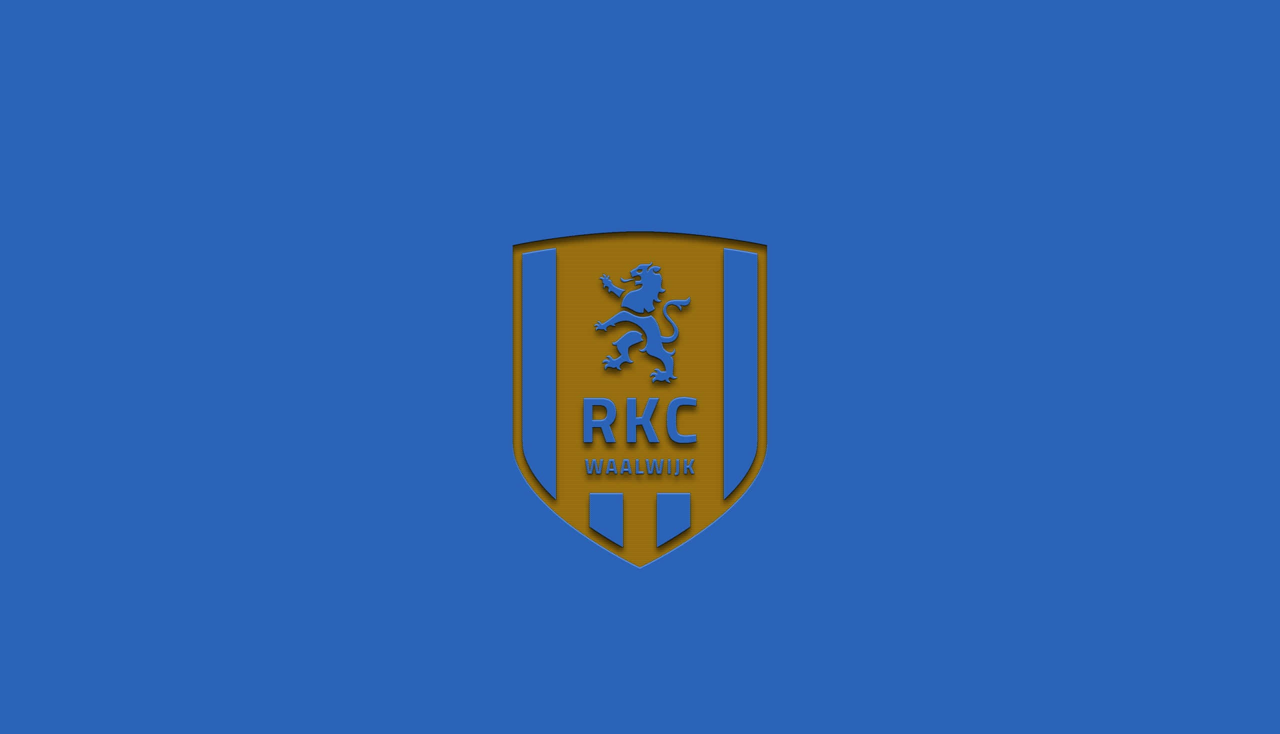 Rkc Waalwijk 桌布 壁紙 — 一個大膽的藍色和金色盾牌標誌，中央有一隻躍立的獅子和 'RKC WAALWICK' 文字，置於純藍色背景上。