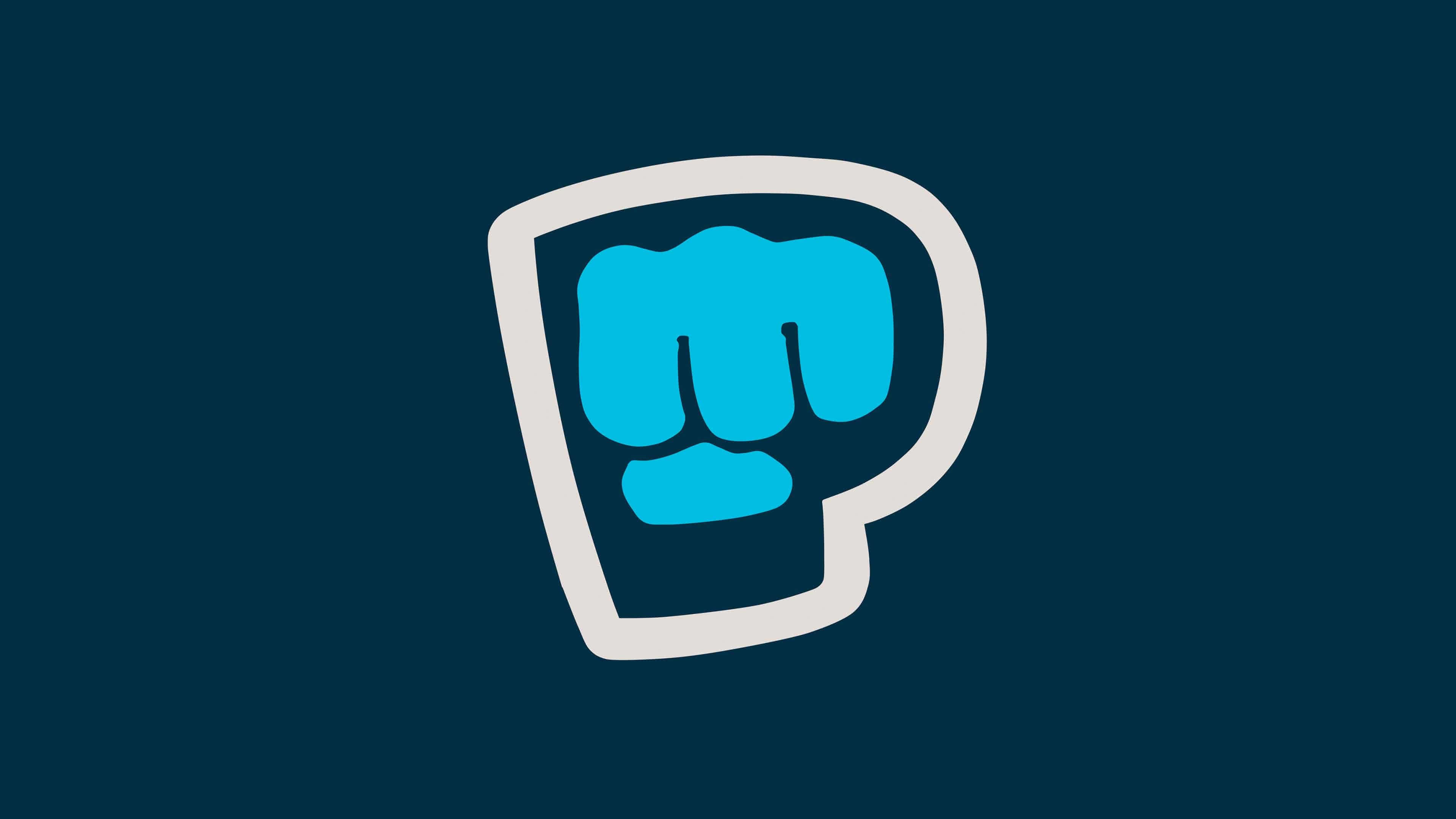 PewDiePie 桌布 壁紙 — 一個大膽的藍色拳頭圖標，包裹在白色盾牌輪廓內，背景為深青色。