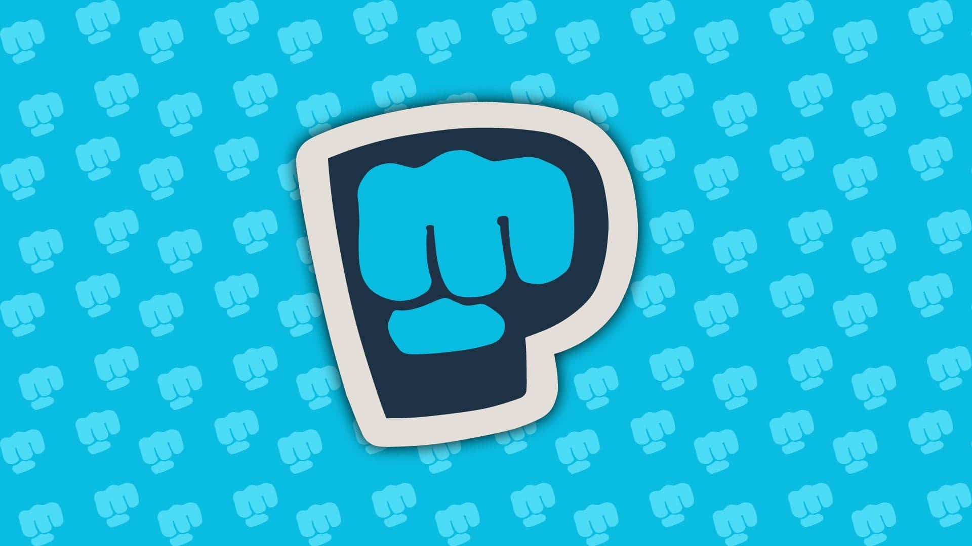 PewDiePie 桌布 壁紙 — 一個大膽的藍色拳頭標誌，形狀像 'P'，帶有白色邊框，在充滿活力的青色背景上重複的較小拳頭圖案中脫穎而出。