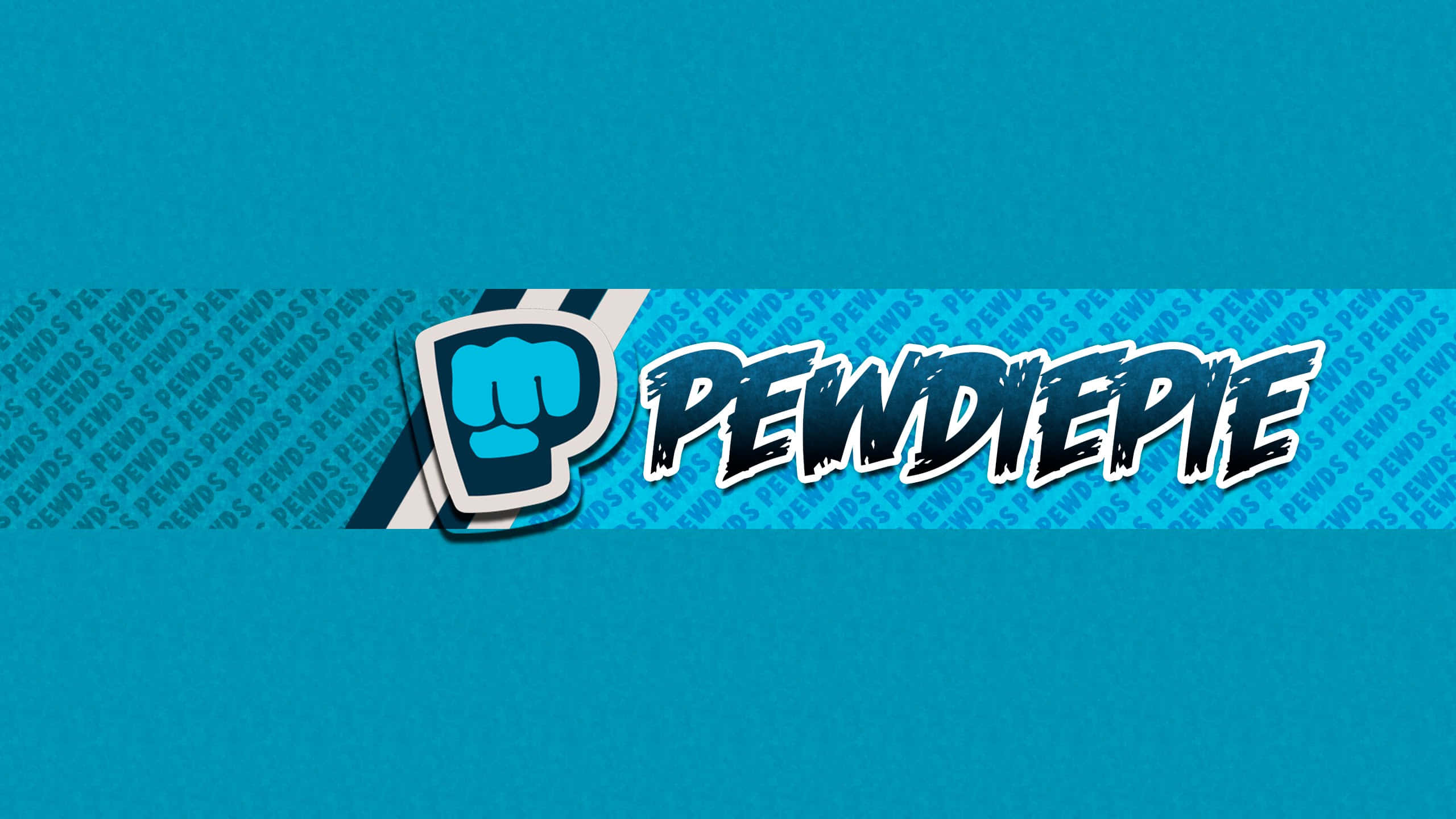 PewDiePie 桌布 壁紙 — 一個大膽的藍色橫幅，上面有PewDiePie標誌、握緊拳頭圖標和重複文字，背景帶有紋理。