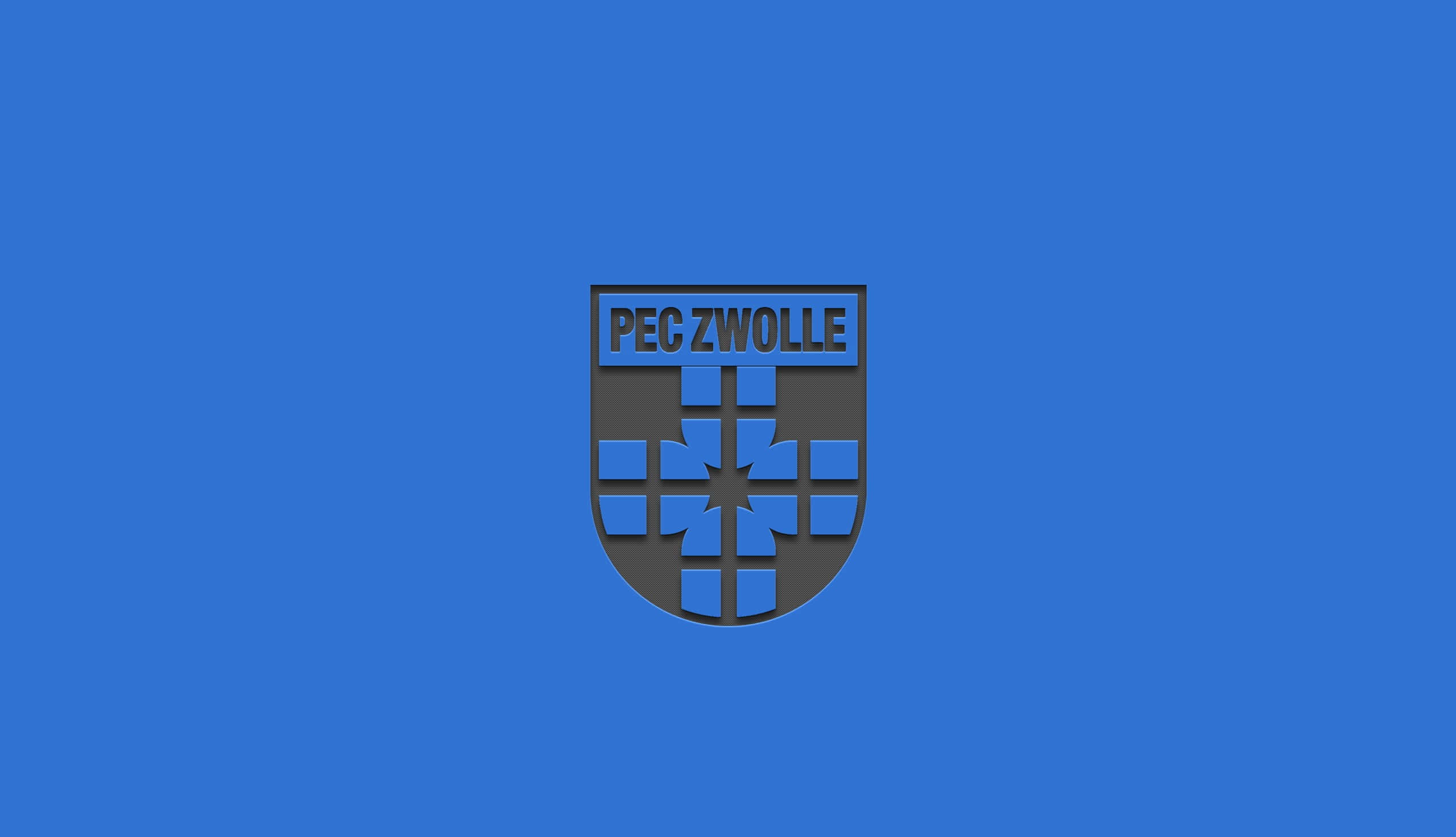 Eredivisie 桌布 壁紙 — 一個大膽的藍色背景，中央有一個3D渲染的盾牌標誌，帶有 'PEC ZWOLLE' 文字和幾何星形圖案。