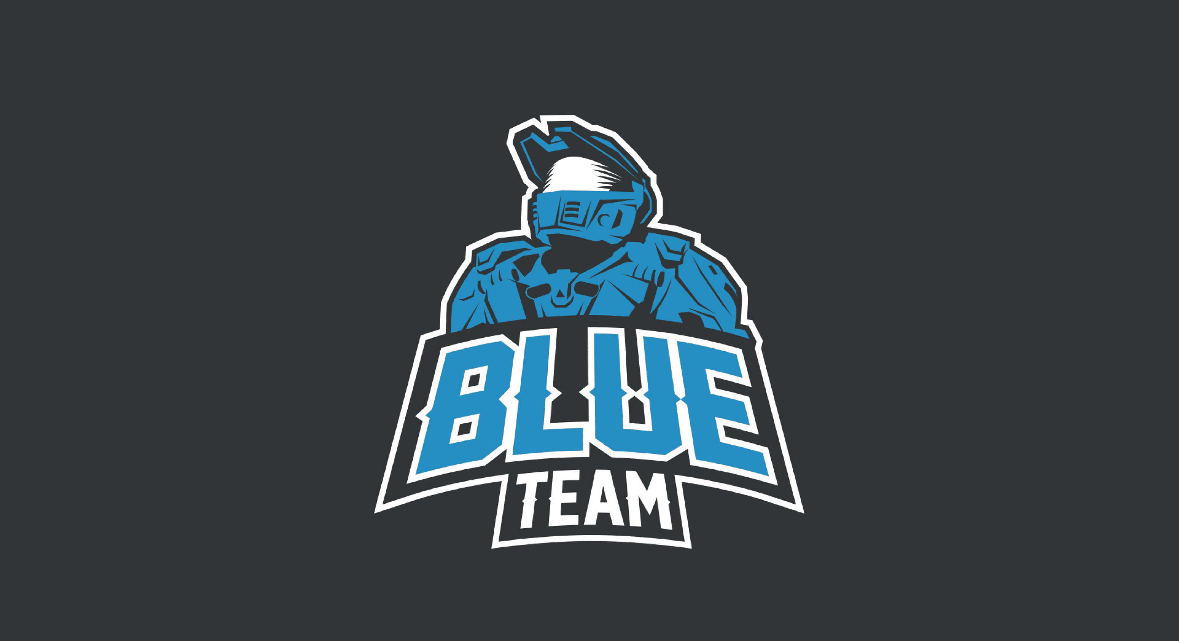 Halo 5 Blue Team 桌布 壁紙 — 一個大膽的藍色裝甲吉祥物標誌，在深灰色背景上帶有「BLUE TEAM」文字。