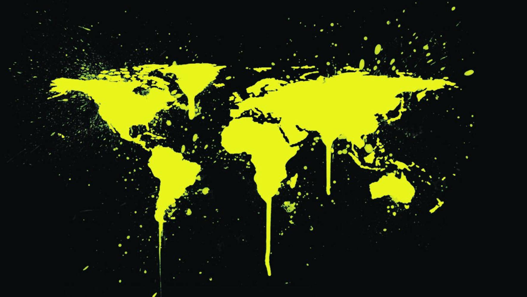 World 桌布 壁紙 — 一個大膽的螢光黃色世界地圖，在純黑背景上飛濺和滴落。