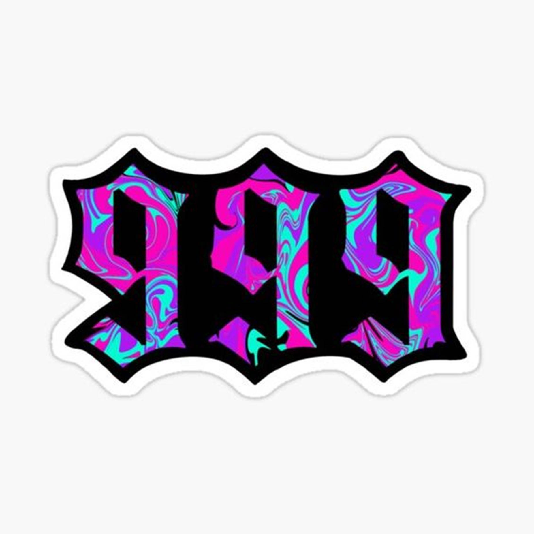 Logo 桌布 壁紙 — 一個大膽的貼紙，黑色哥德式字母內充滿了旋轉的粉紅色和藍綠色迷幻圖案。