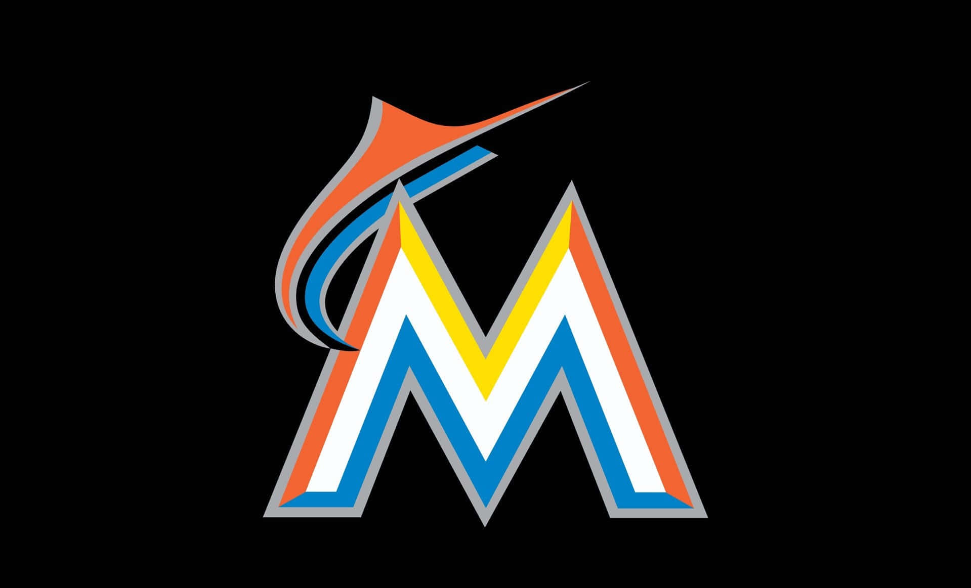 MLB Teams 桌布 壁紙 — 一個大膽的風格化M標誌，帶有橙色、藍色和黃色條紋，背景為黑色。