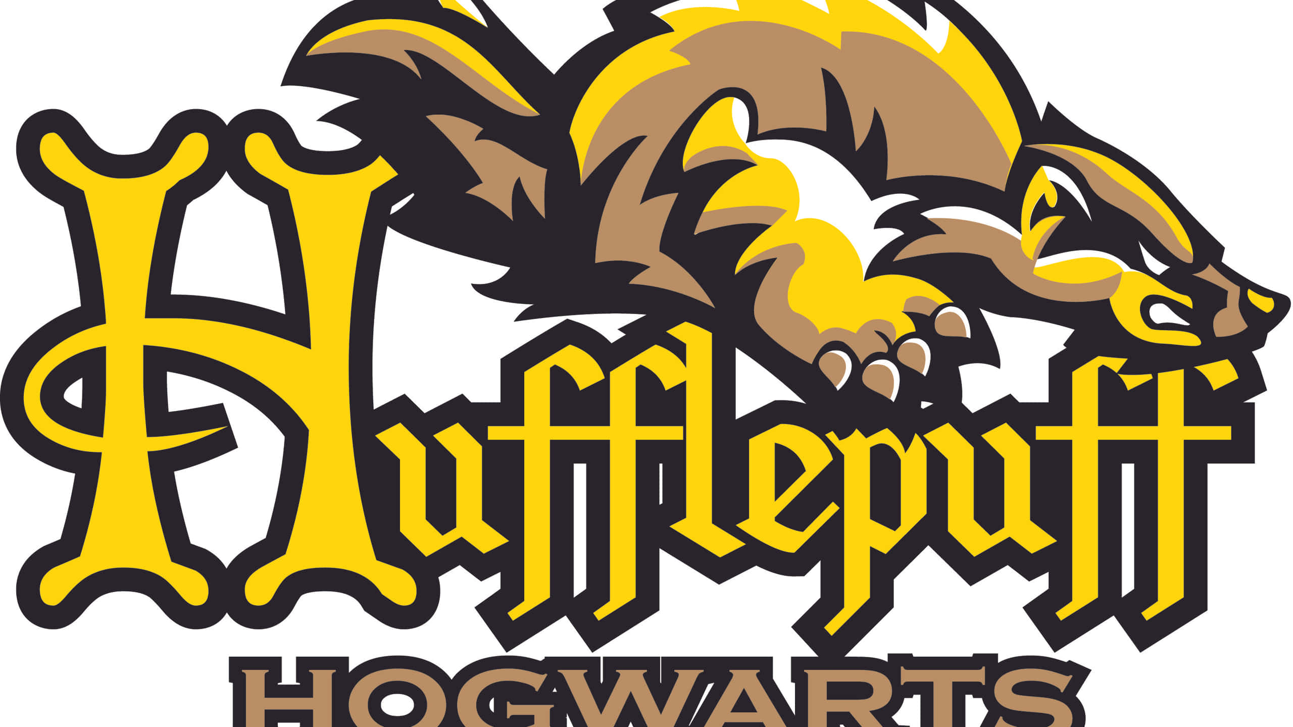 hufflepuff 桌布 壁紙 — 一個大膽的黃色和棕色赫夫帕夫標誌，帶有兇猛爪子和風格化字體的獾吉祥物。