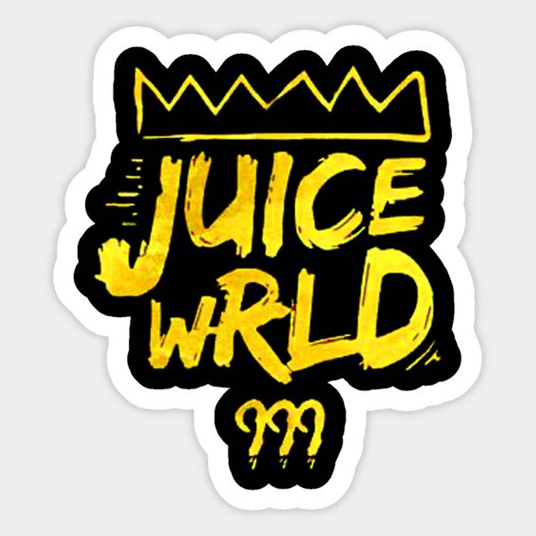 Logo 桌布 壁紙 — 一個大膽的黃色和黑色貼紙，上面有塗鴉風格的「JUICE WRLD」字樣，頂部有一個皇冠，下方有一個風格化的「M」。