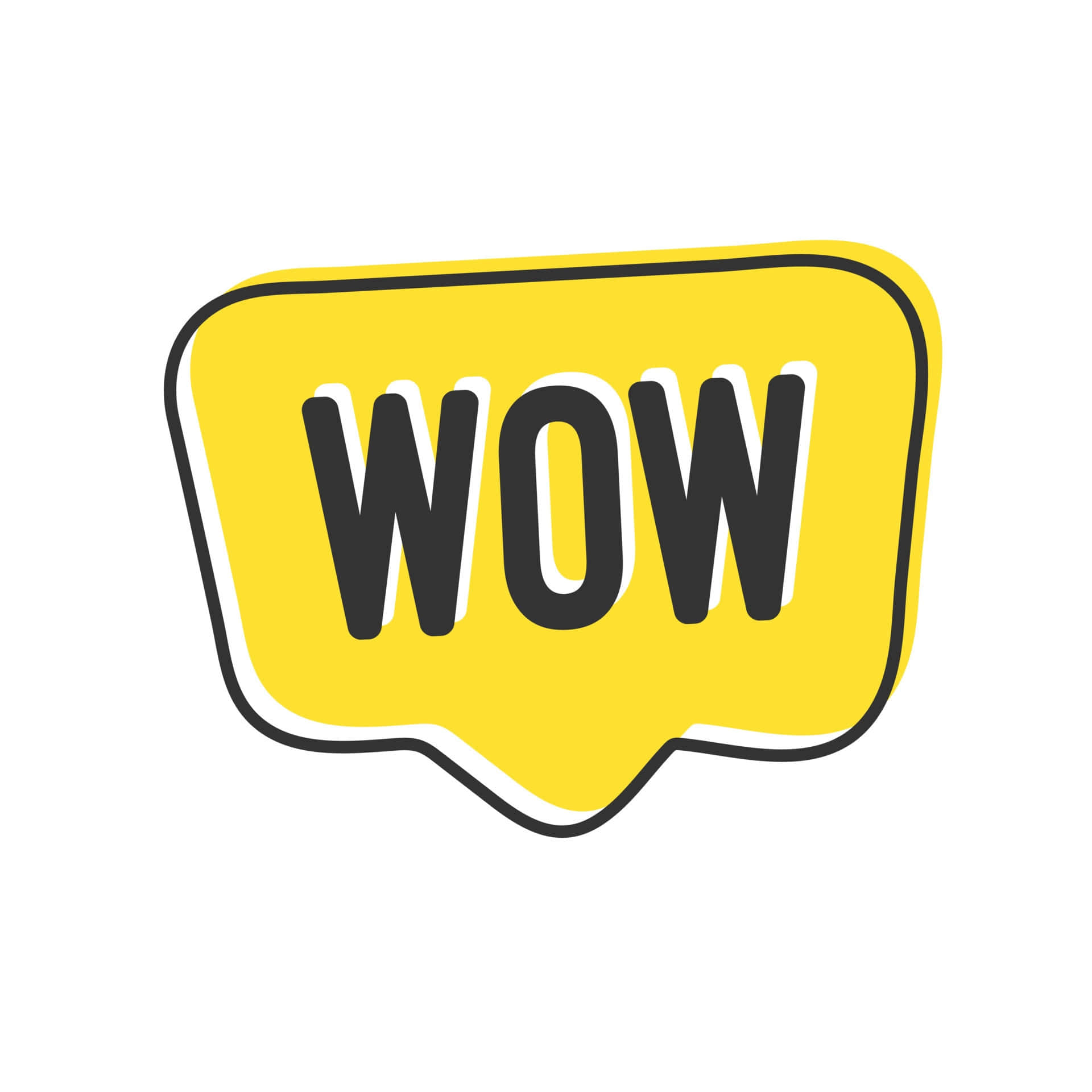 嘩 桌布 壁紙 — 一個大膽的黃色對話氣泡，帶有黑色輪廓的「WOW」文字，在純白色背景上脫穎而出。