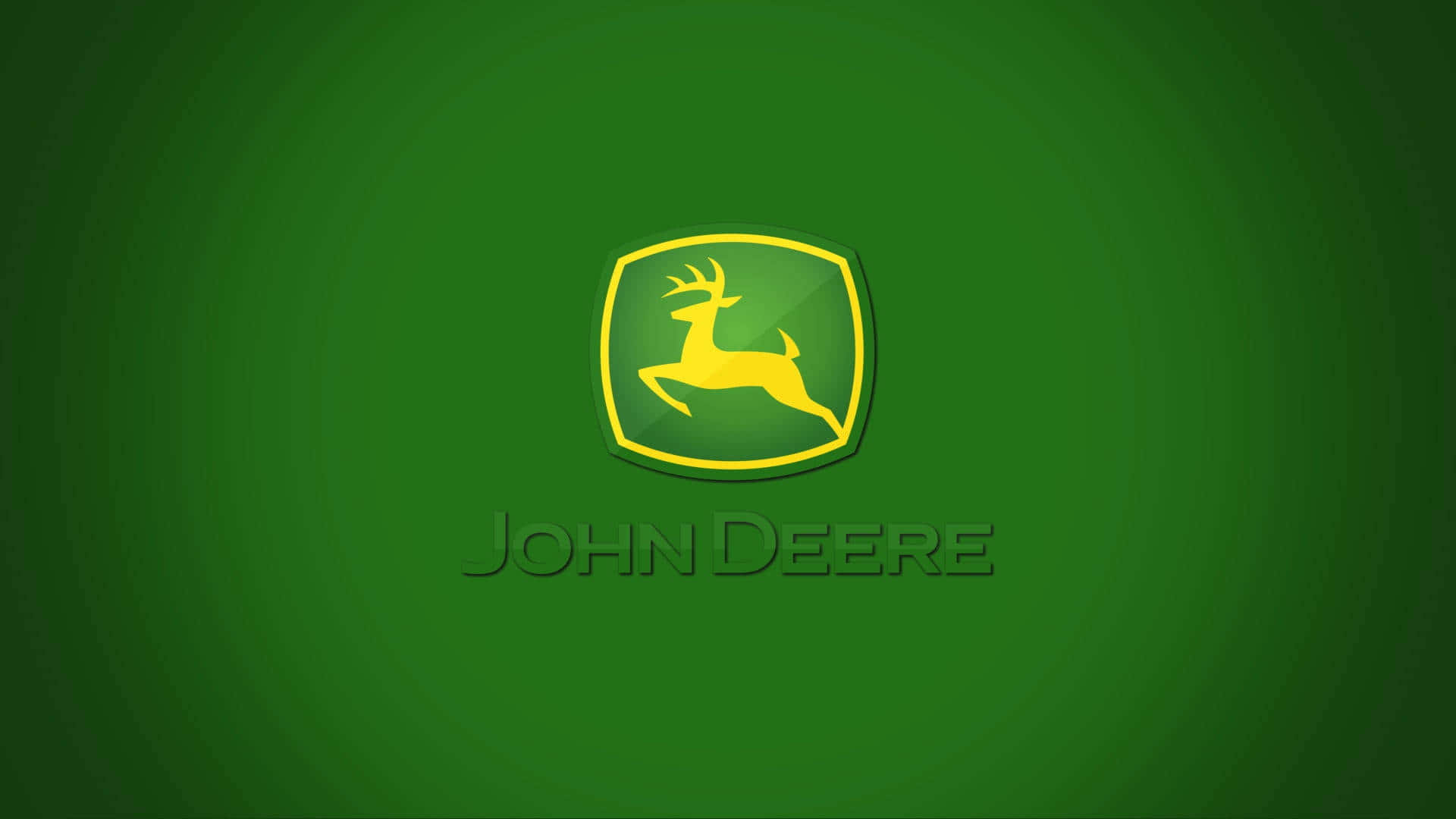 John Deere 桌布 壁紙 — 一個大膽的黃色跳躍鹿標誌，居中在綠色漸變背景上，下方有 'JOHN DEERE' 文字。