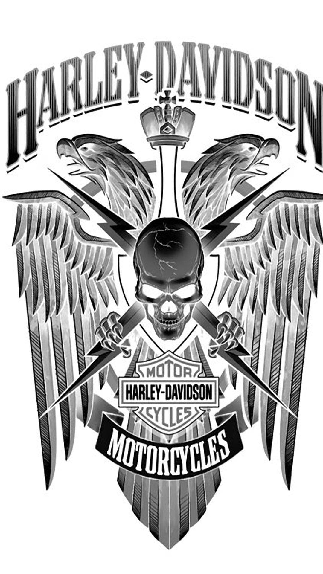 Harley Davidson 標誌 桌布 壁紙 — 一個大膽的黑白哈雷戴維森標誌，特色是帶有翅膀和交叉閃電的骷髏頭。