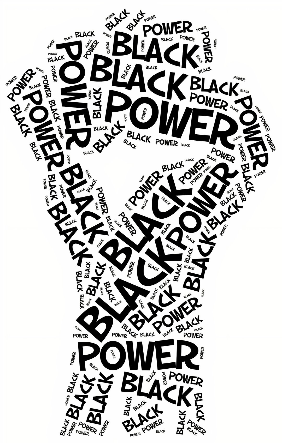 Black Power 桌布 壁紙 — 一個大膽的黑白文字藝術設計，形狀像舉起的拳頭，其中「black power」一詞以不同大小重複出現。