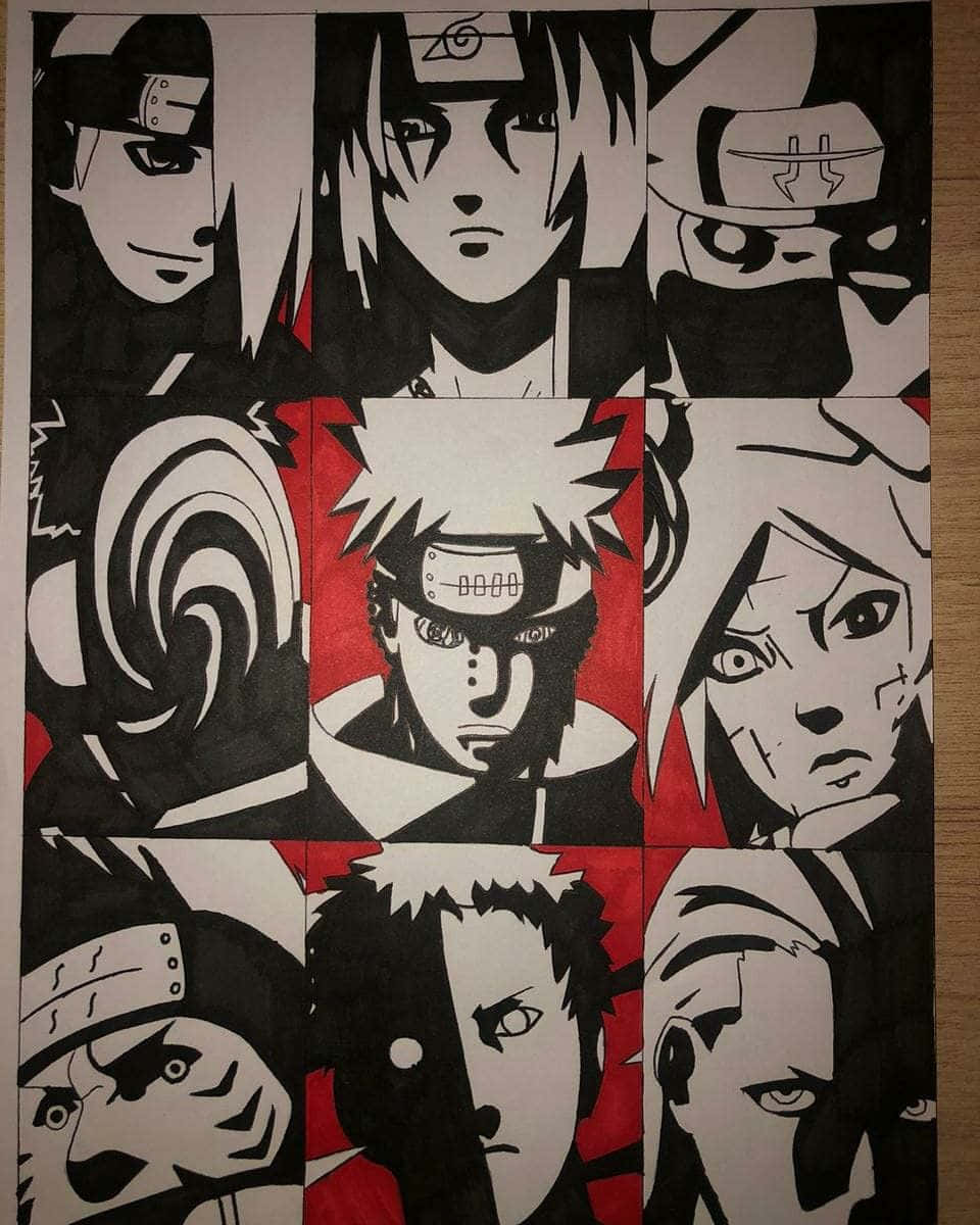 Akatsuki Drawing 桌布 壁紙 — 一個大膽的黑白紅插圖網格，包含九個表情強烈的動漫角色。