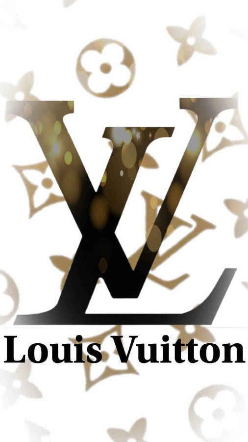 louis vuitton phone 桌布 壁紙 — 一個大膽的黑色 Louis Vuitton 字母組合標誌，帶有金色散景效果和花卉圖案，背景為白色。