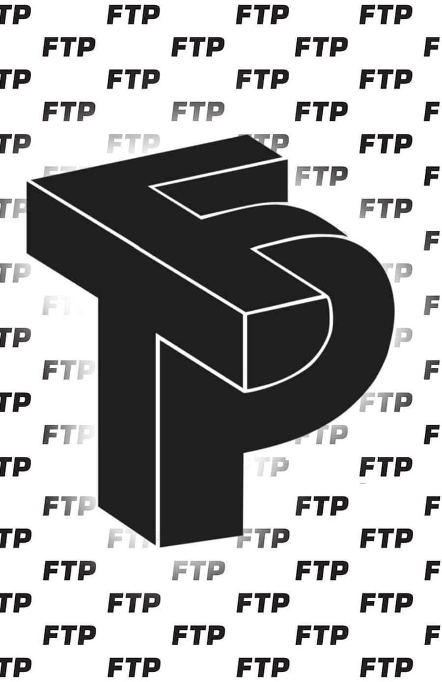 Ftp 桌布 壁紙 — 一個大膽的黑色3D字母P，帶有白色輪廓，在重複的灰色FTP水印背景上脫穎而出。