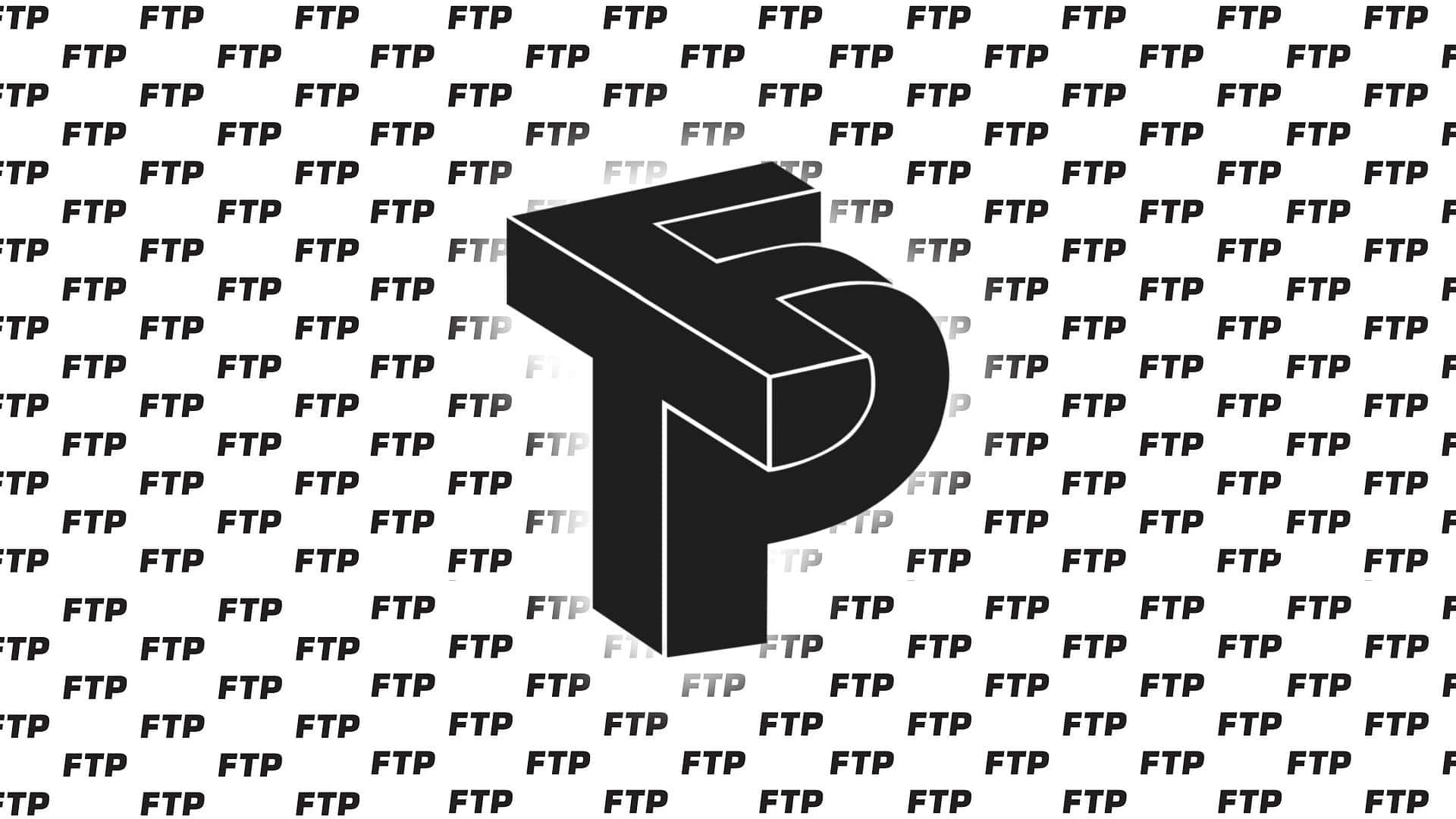 Ftp 桌布 壁紙 — 一個大膽的黑色3D字母P在重複的灰色FTP水印背景上突出顯示。