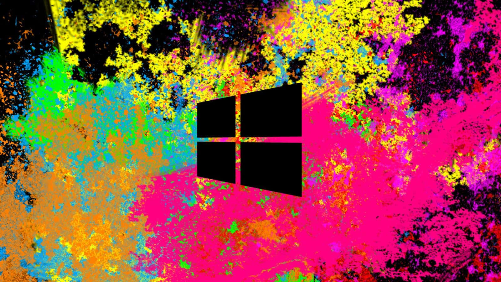 Best Laptop 桌布 壁紙 — 一個大膽的黑色Windows標誌，居中於充滿活力的混亂霓虹色彩和黑色飛濺的背景上。