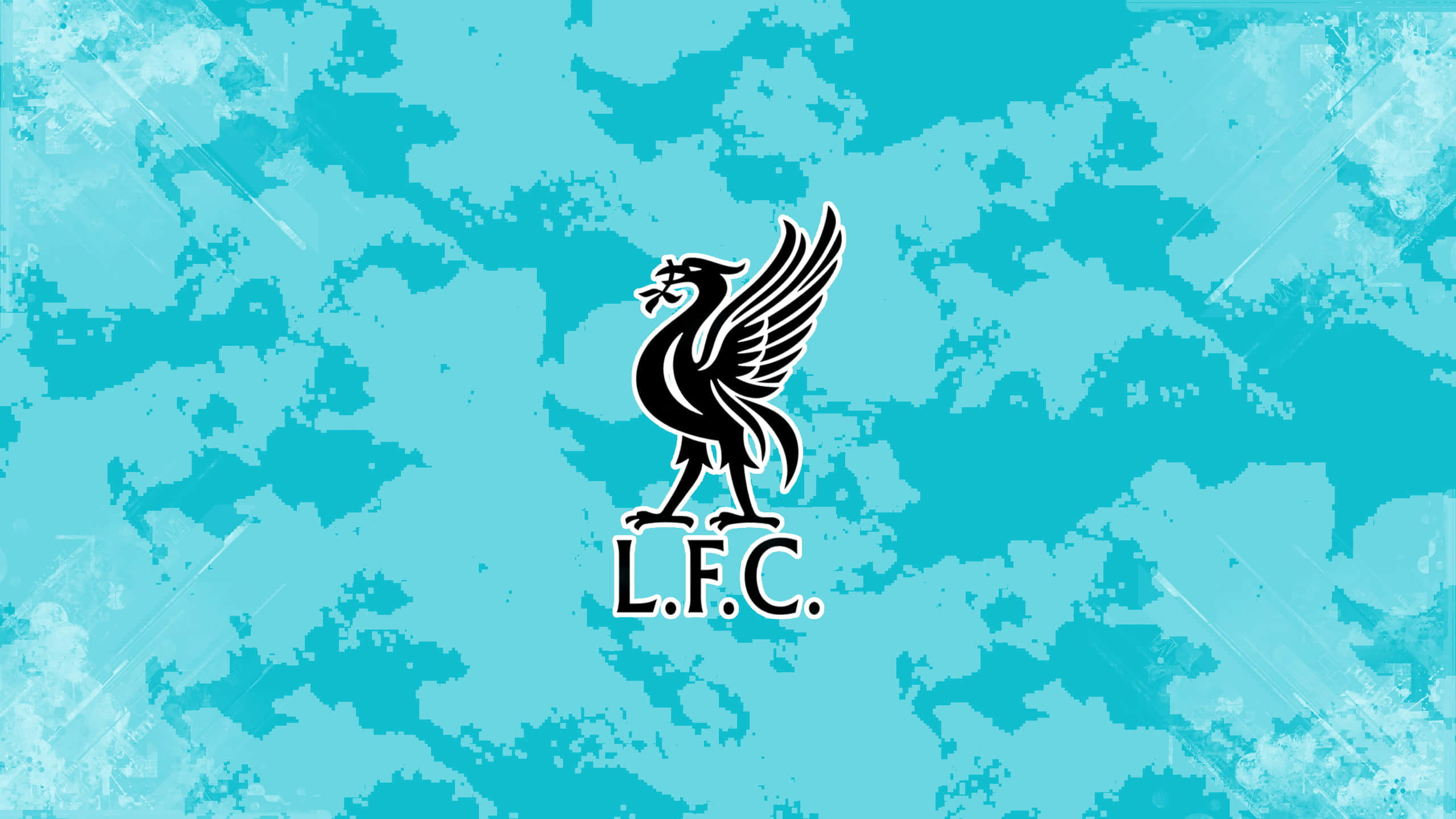 Liverpool Logo 桌布 壁紙 — 一個大膽的黑色利物鳥標誌，帶有L.F.C.文字，居中放置在帶有白色潑濺效果的紋理青綠色背景上。