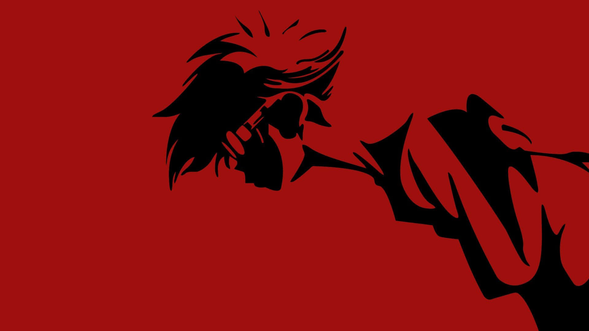 Cowboy Bebop Edward 桌布 壁紙 — 一個大膽的黑色剪影，描繪一個充滿動感的動漫風格角色，擁有尖刺頭髮和伸展的手臂，背景是鮮豔的紅色。