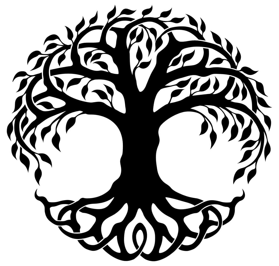 Tree Of Life 桌布 壁紙 — 一個大膽的黑色剪影，描繪一棵風格化的樹，其複雜的根和枝條在白色背景上形成圓形圖案。