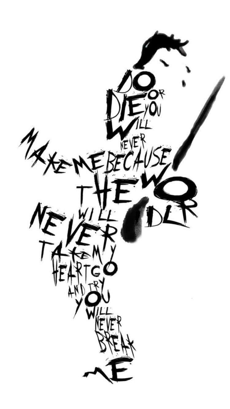 my chemical romance 桌布 壁紙 — 一個大膽的黑色墨水人物剪影，完全由破舊的手寫文字構成，宣告著挑釁的愛與韌性。