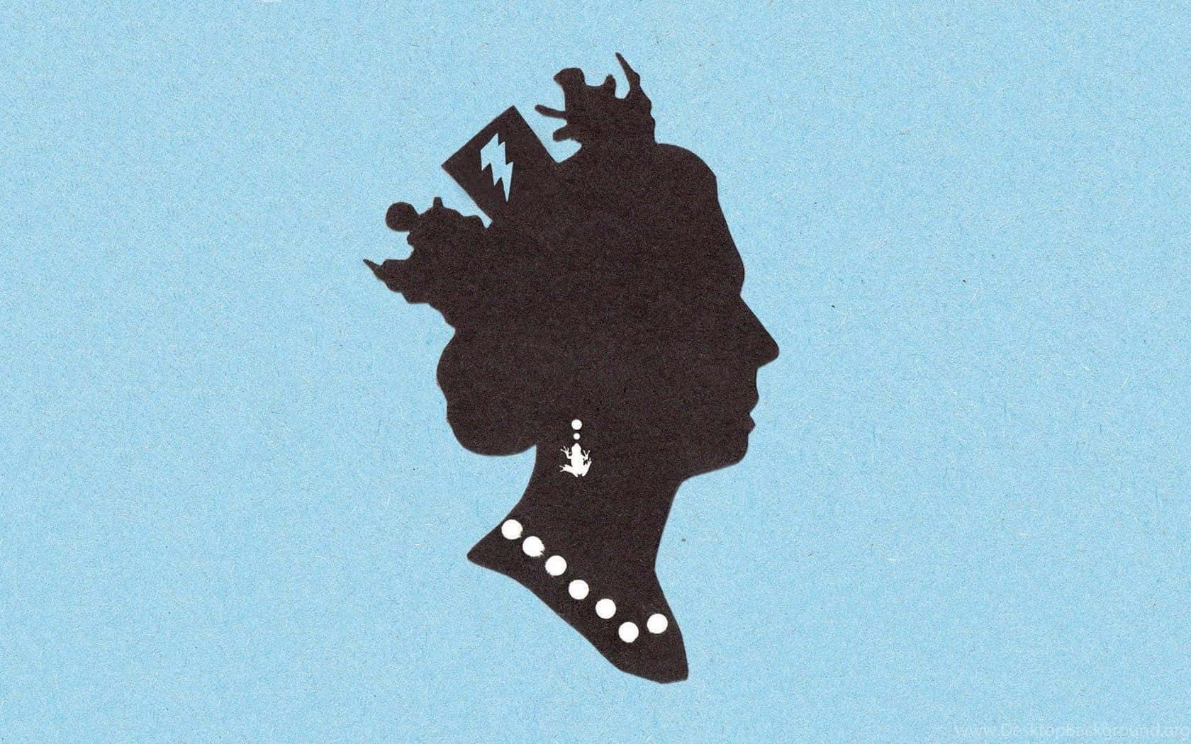 Queen Elizabeth 桌布 壁紙 — 一個大膽的黑色女性側面剪影，襯托在淺藍色紋理背景上，飾有白色圓點和閃電圖案。