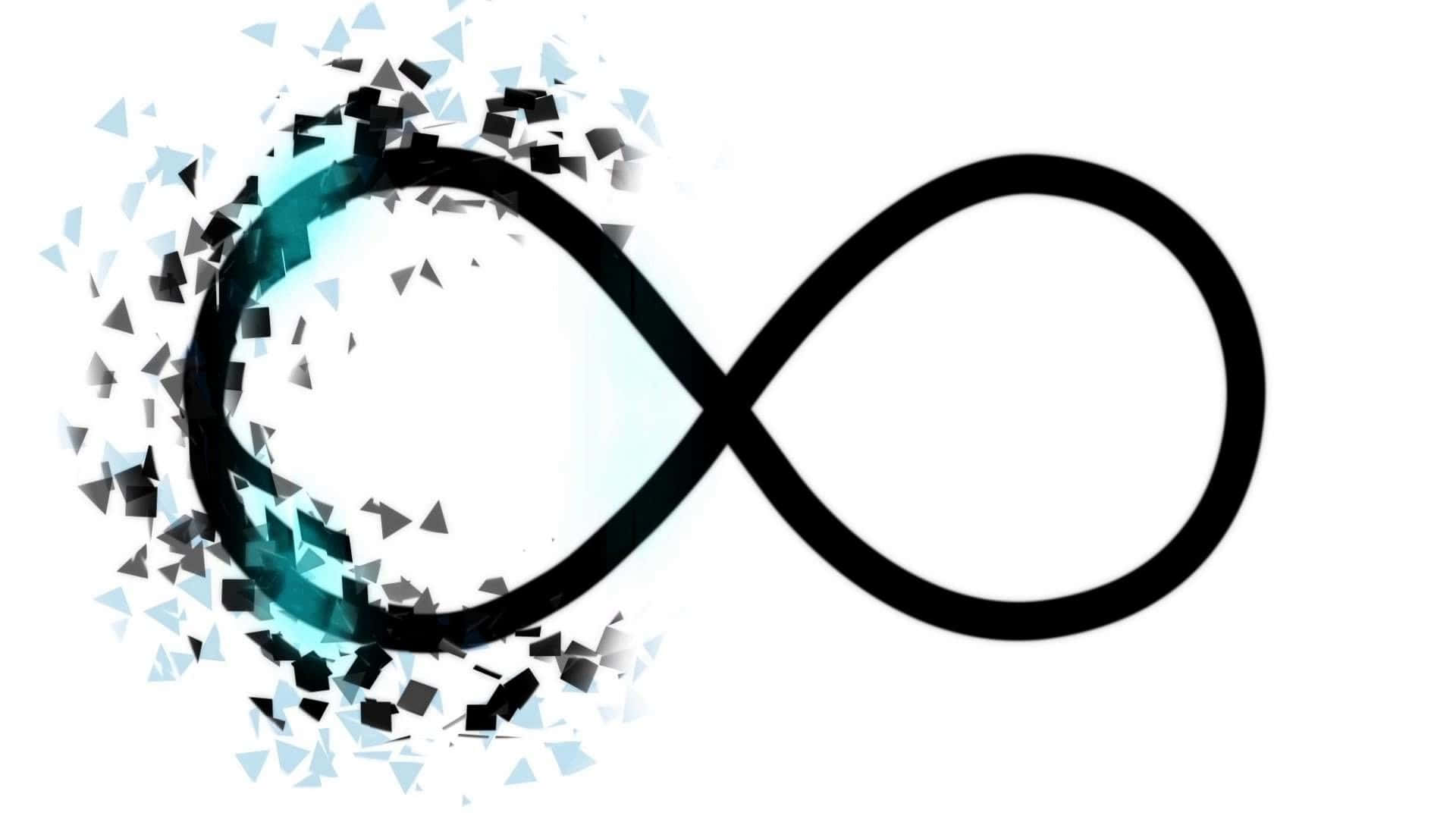 infinity 桌布 壁紙 — 一個大膽的黑色無限符號，帶有發光的青綠色核心，在純白色背景上碎裂成幾何碎片。