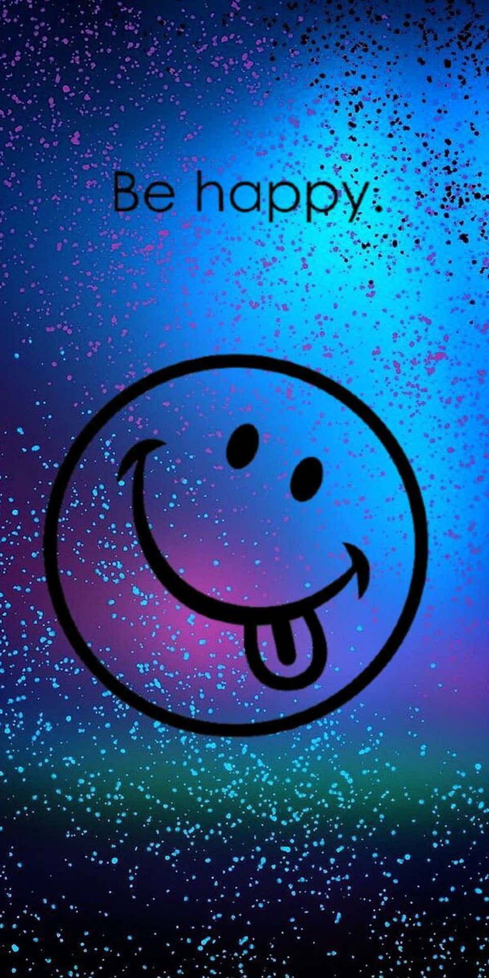 Happy iPhone 桌布 壁紙 — 一個大膽的黑色笑臉吐舌頭，在閃爍的宇宙藍紫色漸變背景上發光，並帶有文字「Be happy」。