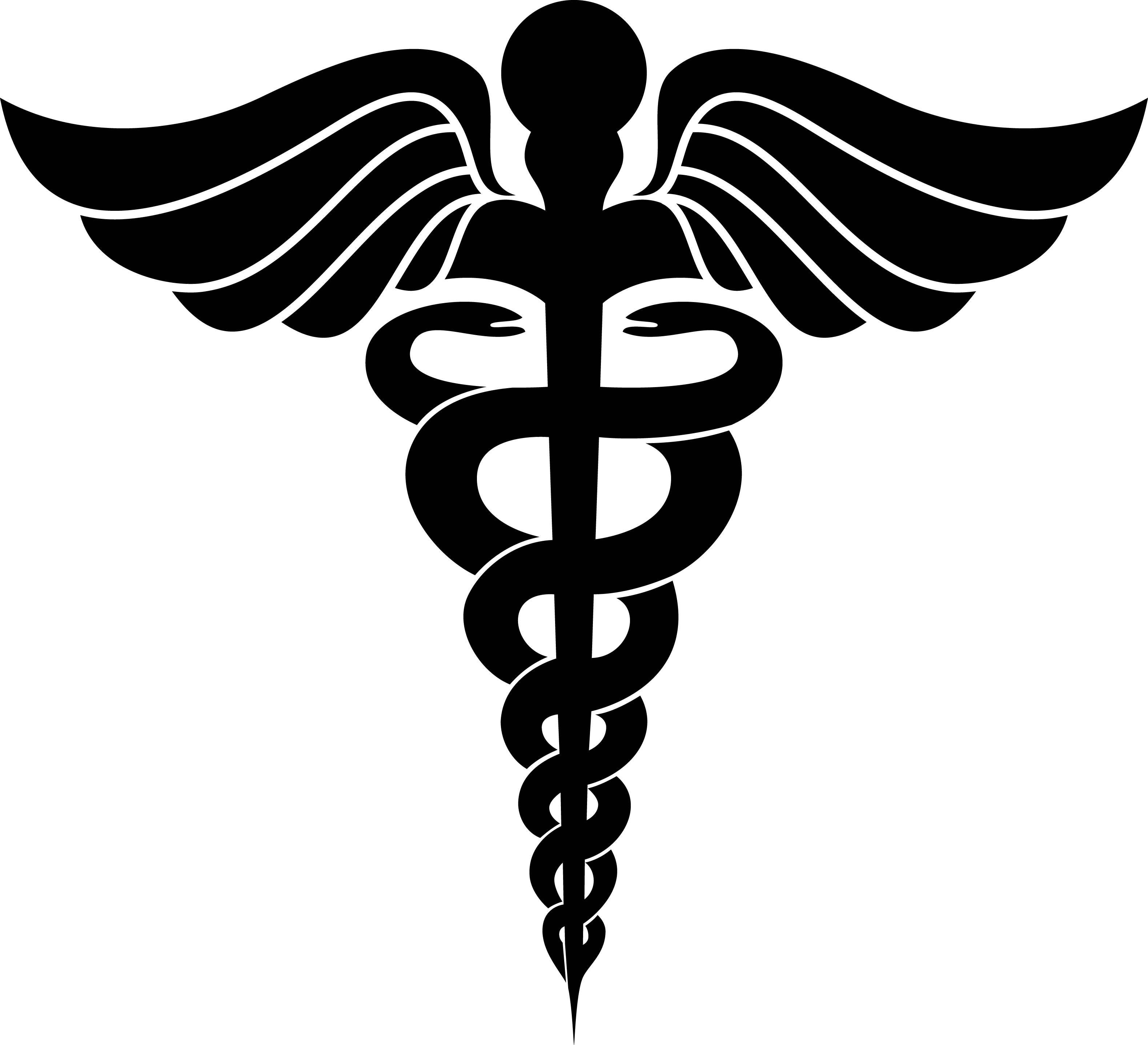 medical motivation 桌布 壁紙 — 一個大膽的黑色雙蛇杖符號，帶有纏繞的蛇和翅膀，背景為白色。