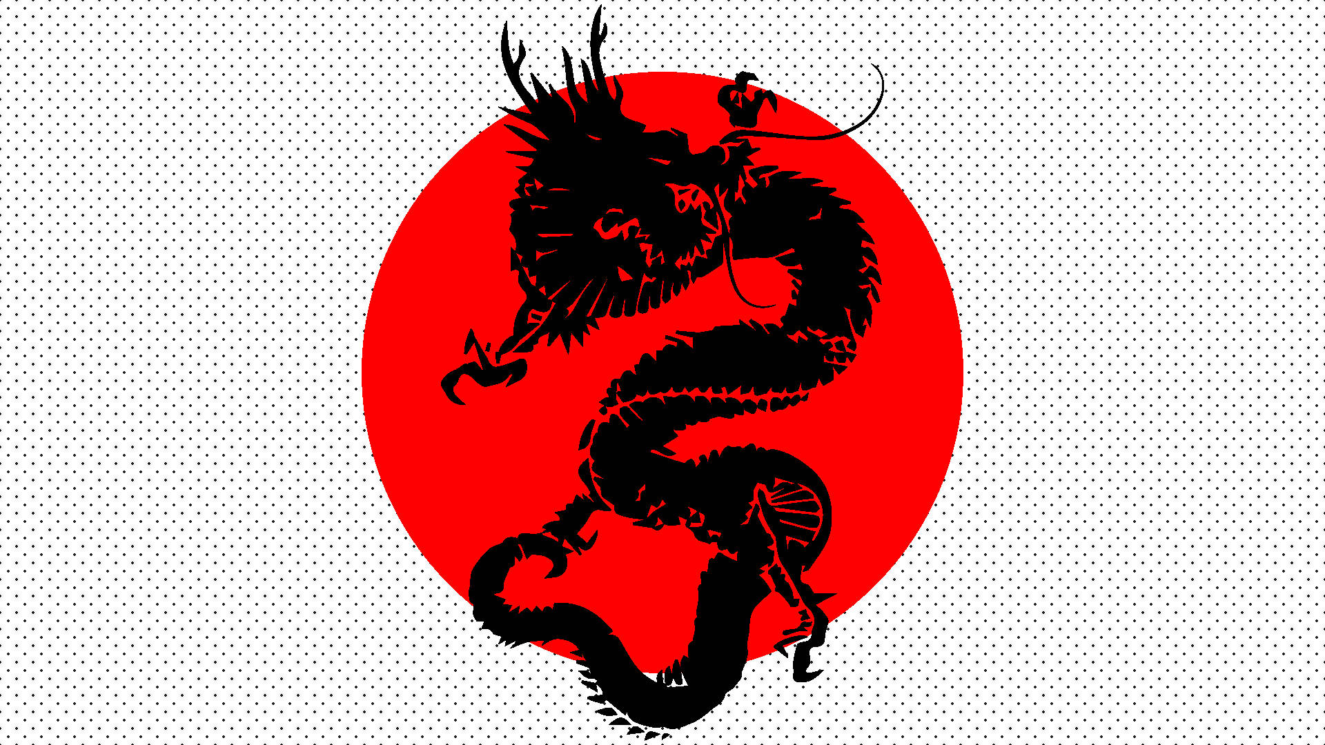 日本龍 桌布 壁紙 — 一個大膽的黑色龍剪影在白色圓點場地上，以充滿活力的紅色圓形背景動態盤旋。