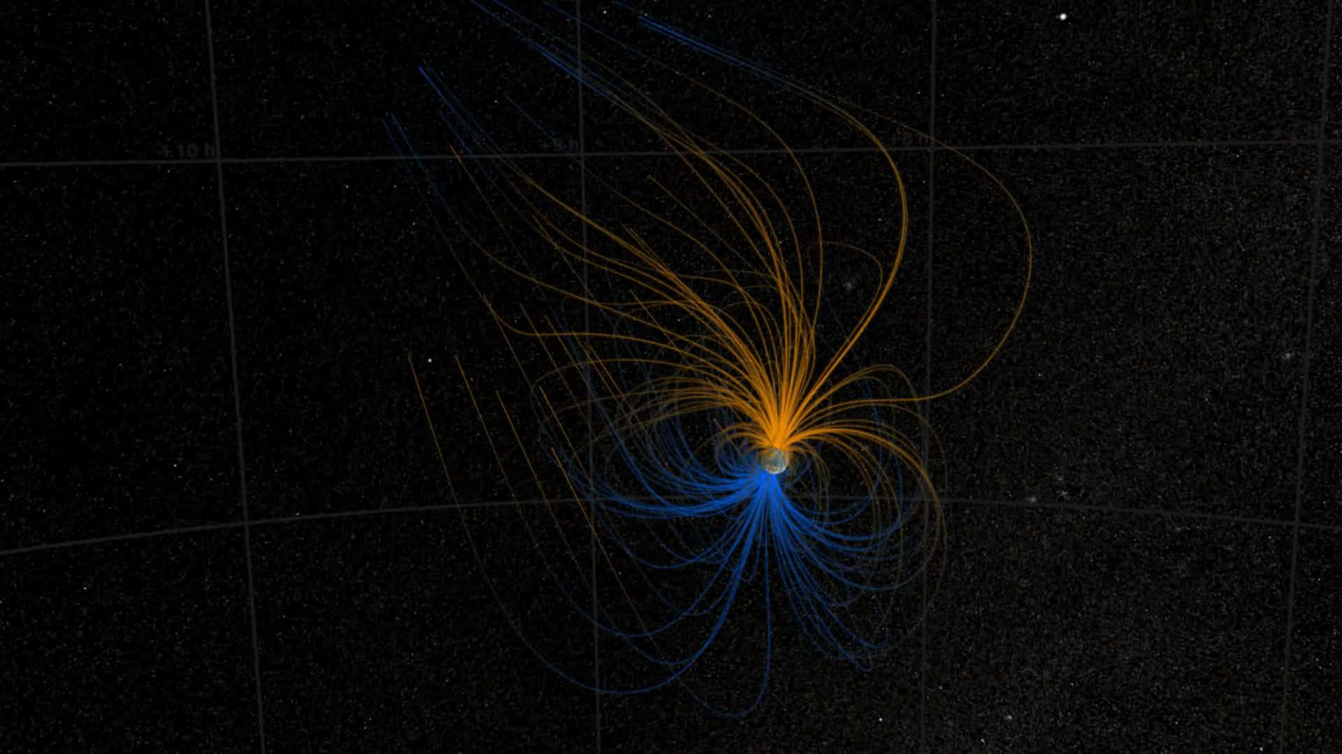Magnetic Field 桌布 壁紙 — 一個天體在帶有網格疊加的星空黑色虛空中發出鮮豔的橙色和藍色磁場線。