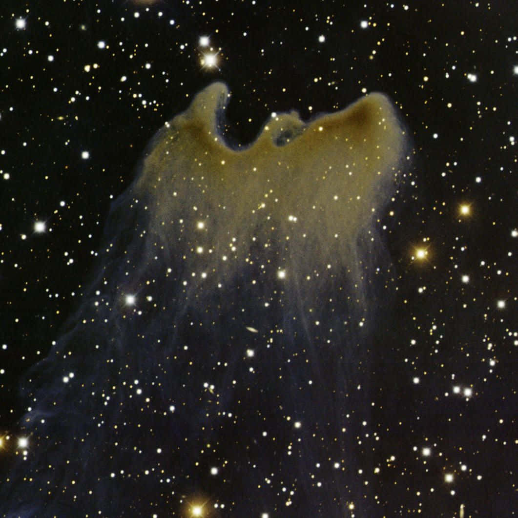 Interstellar Cloud 桌布 壁紙 — 一個天體星雲，由金色和藍色的氣體和塵埃雲組成，在黑色宇宙背景下被明亮的星星照亮。