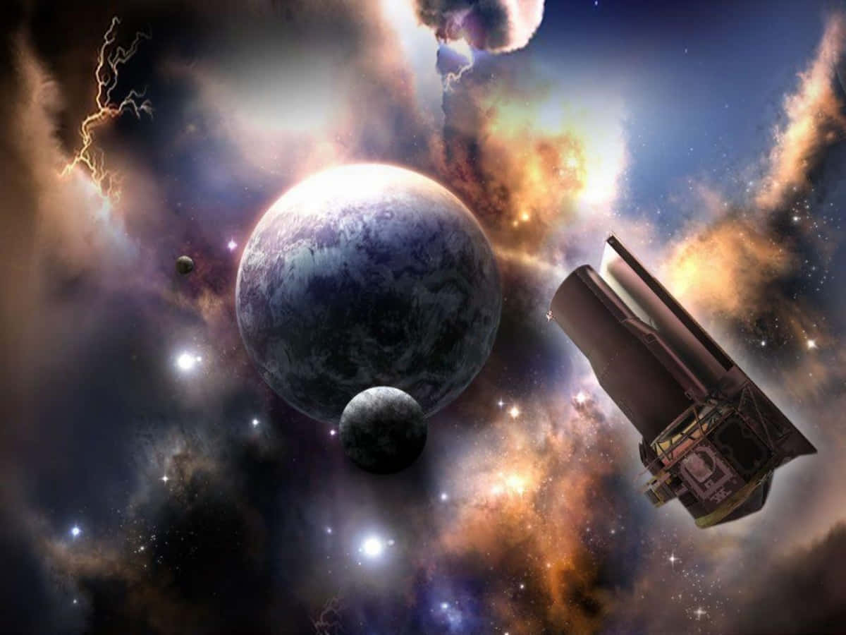 Celestial Bodies 桌布 壁紙 — 一個太空望遠鏡喺充滿活力嘅星雲中，圍繞住一個藍色行星運行，周圍係旋轉嘅宇宙雲同閃電風暴。