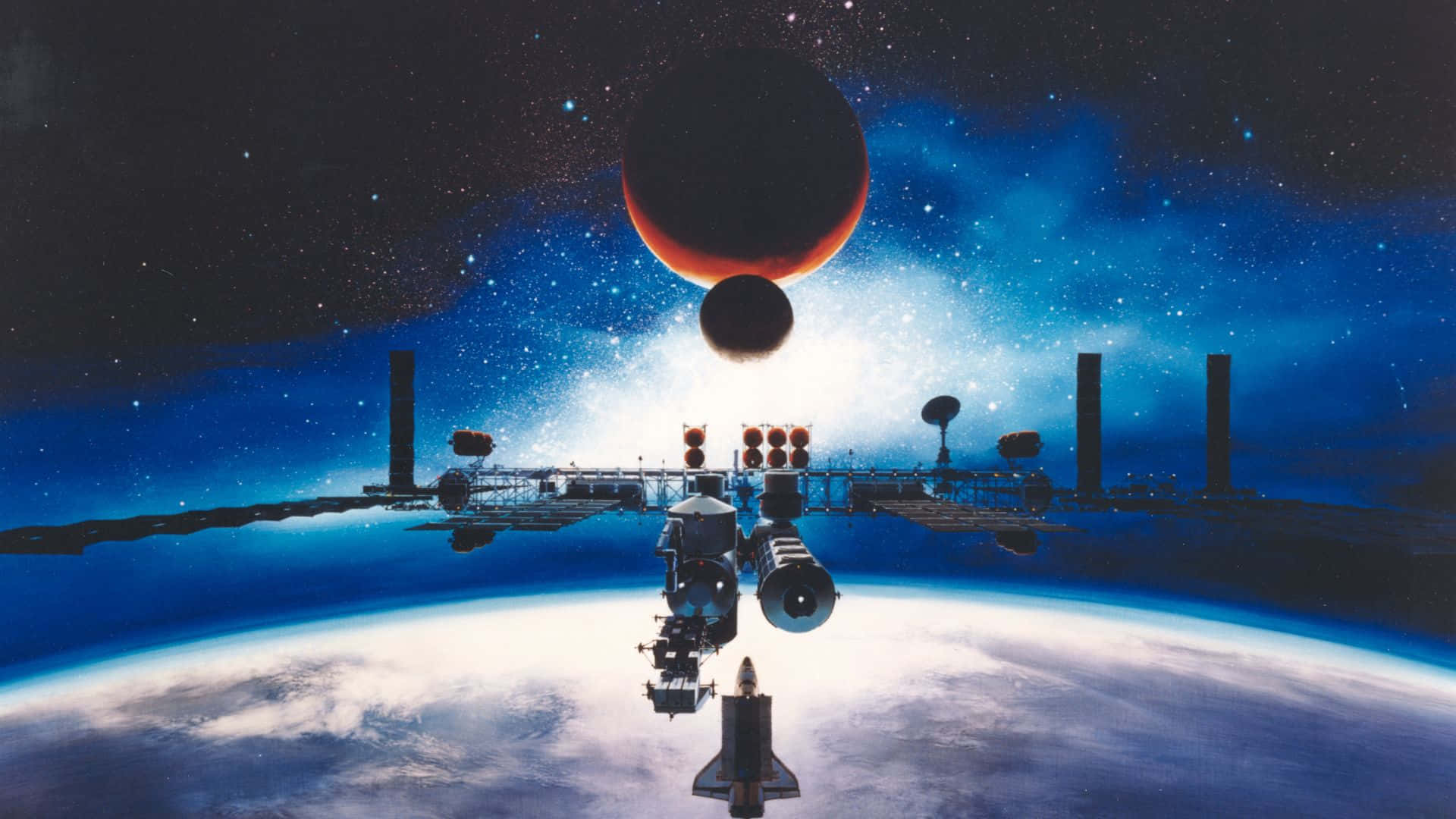 Live Space 桌布 壁紙 — 一個太空站繞地球運行，下面停靠著一架穿梭機，一顆紅色行星在星空若隱若現。