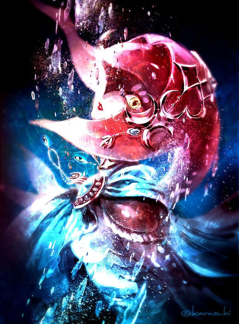 The Legend Of Zelda Mipha 桌布 壁紙 — 一個奇幻動漫風格的生物，擁有紅色半透明的頭部和藍色發光的身體，從黑暗背景中的宇宙水滴中浮現。