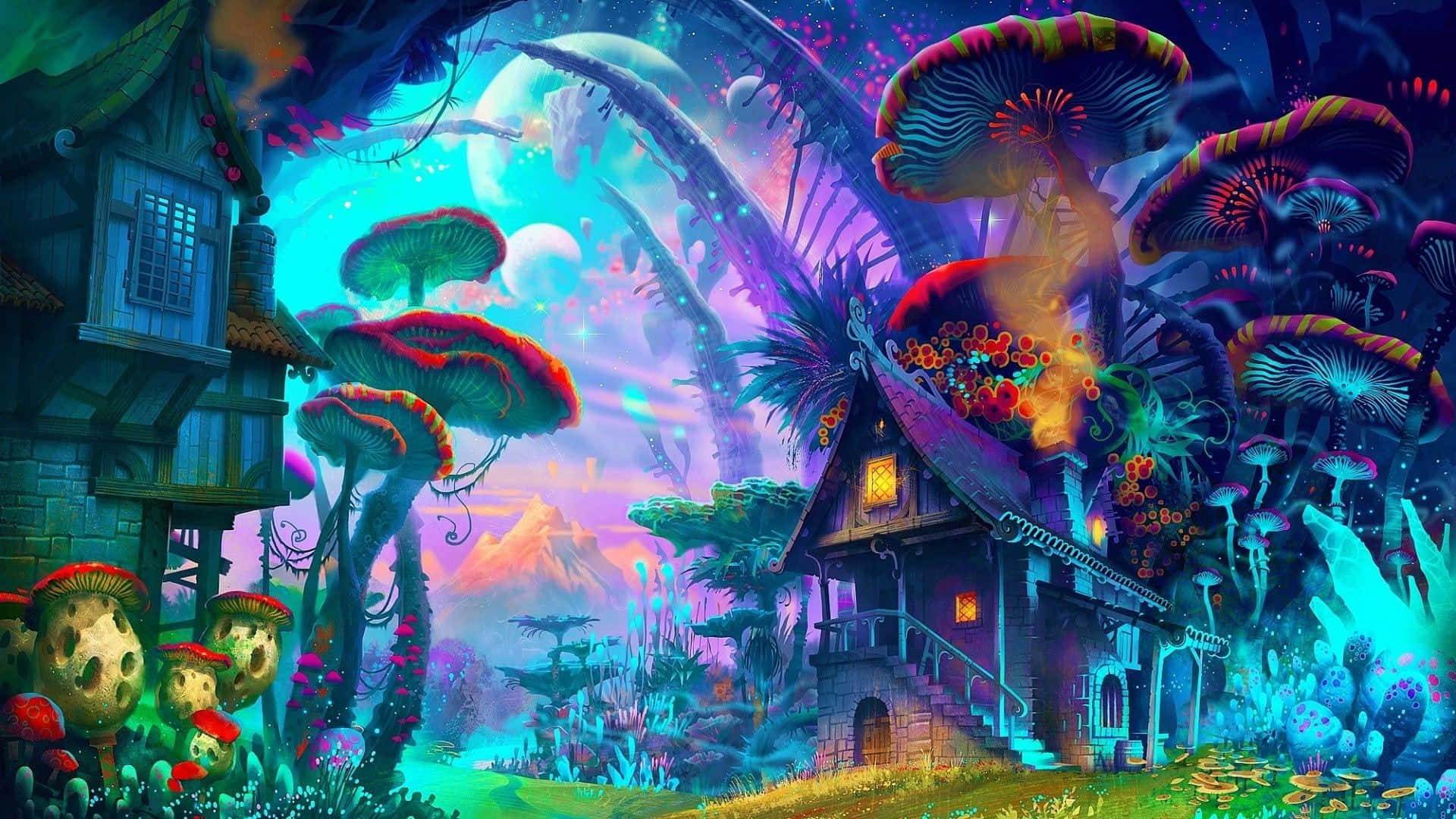 Kawaii Mushroom 桌布 壁紙 — 一個奇幻村莊隱藏在巨大的發光蘑菇之間，上方是超現實的暮色天空。