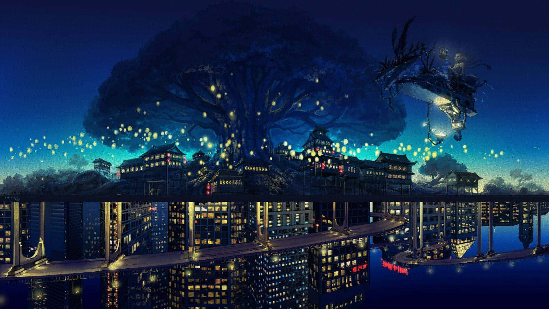 Aesthetic Anime City 桌布 壁紙 — 一個奇幻的夜景，一棵發光的樹漂浮在鏡像城市景觀之上，一條龍在頭頂飛翔。