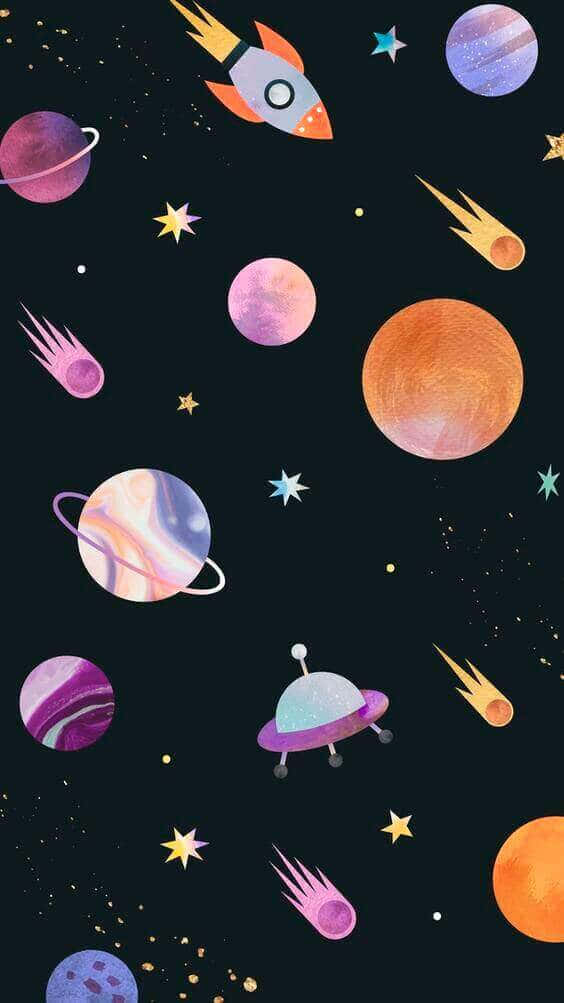 黑色電話 桌布 壁紙 — 一個奇幻的宇宙場景，色彩繽紛的行星、火箭和UFO在繁星點點的黑暗背景中漂浮。
