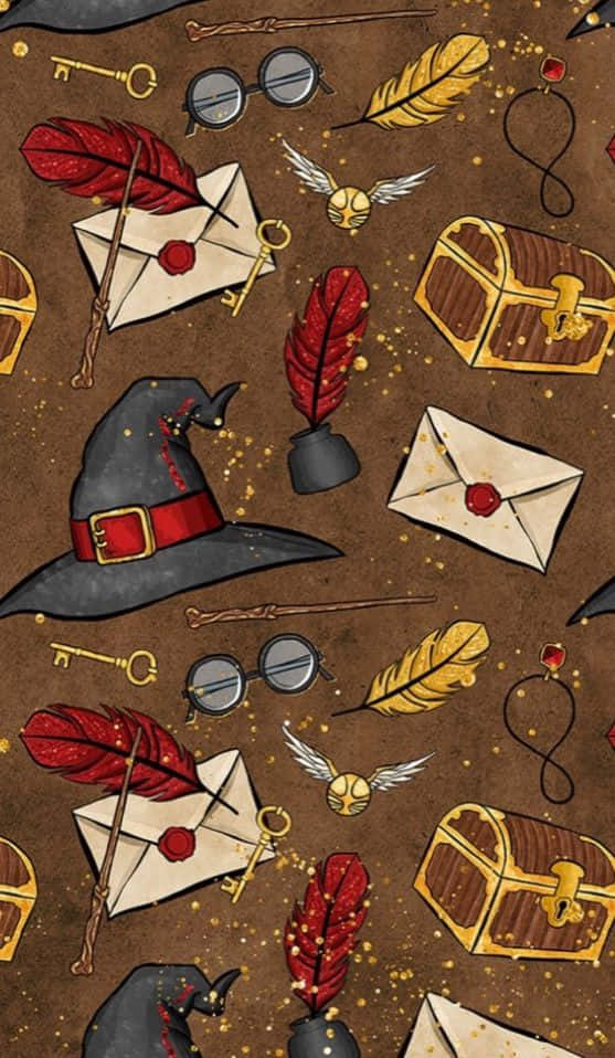 The Philosopher's Stone 桌布 壁紙 — 一個奇幻的巫術物品圖案，如帽子、魔杖和信件，漂浮在棕色斑點背景上。