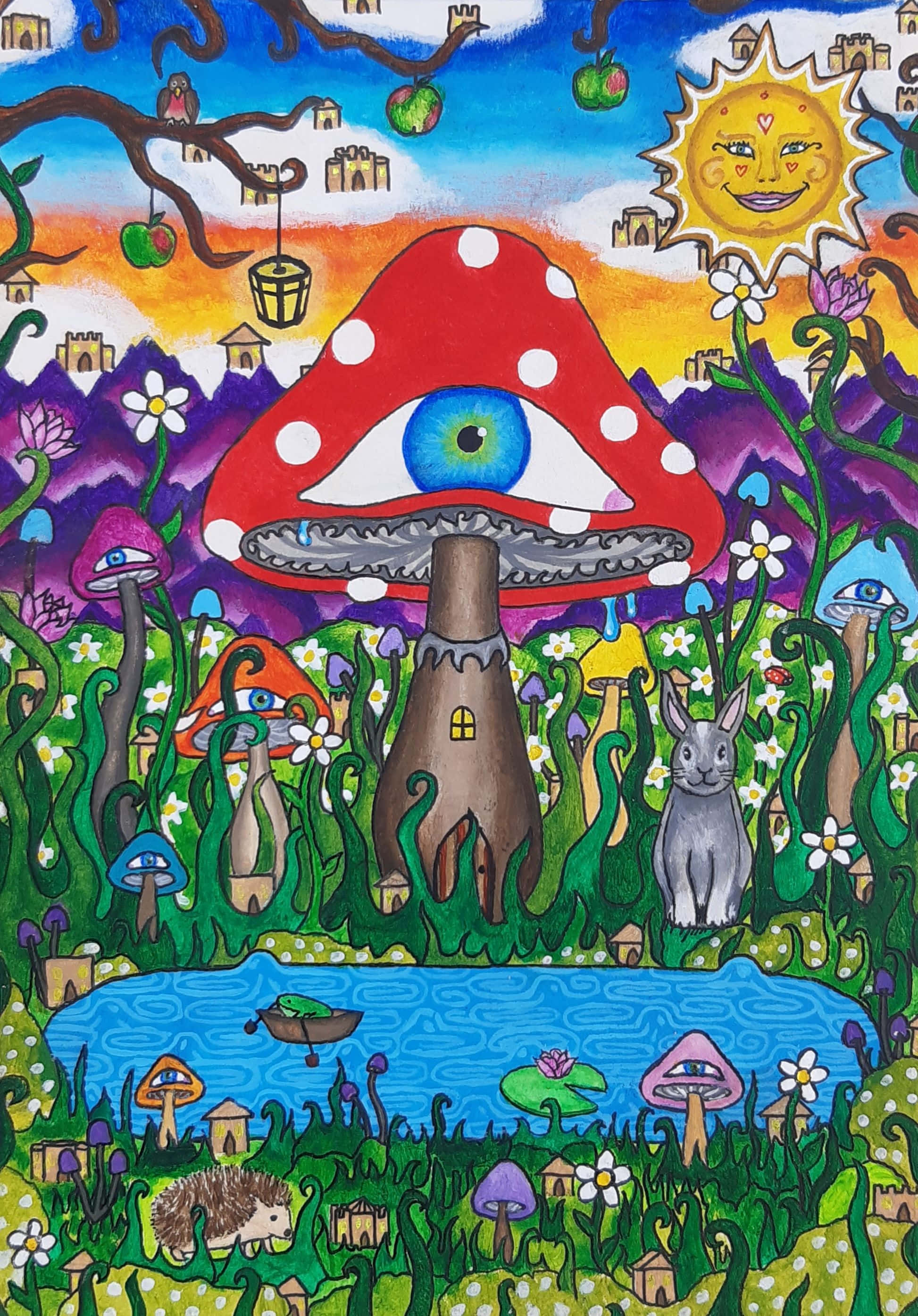 Trippy Mushroom 桌布 壁紙 — 一個奇幻的幻想景觀，以一個巨大的紅色蘑菇作為中心房屋，上面有藍色的眼睛，周圍環繞著較小的蘑菇住宅、微笑的太陽和森林生物。