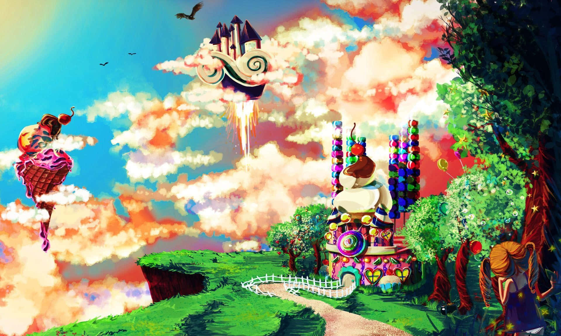 Candy Land 桌布 壁紙 — 一個奇幻的幻想景觀，糖果主題的城堡在充滿活力的天空中漂浮，下方是鬱鬱蔥蔥的綠色懸崖。