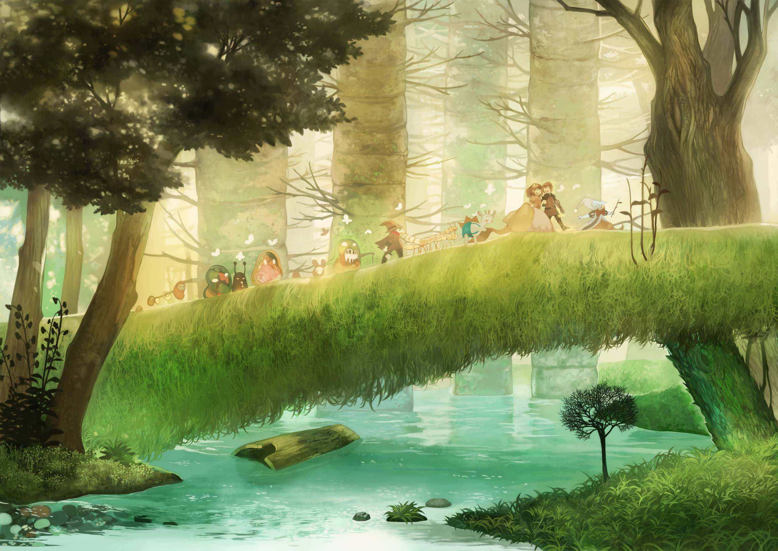 Anime Forest 桌布 壁紙 — 一個奇幻的森林場景，有座長滿苔蘚的橋樑橫跨發光的小溪，小生物和冒險者在斑駁的陽光下聚集。